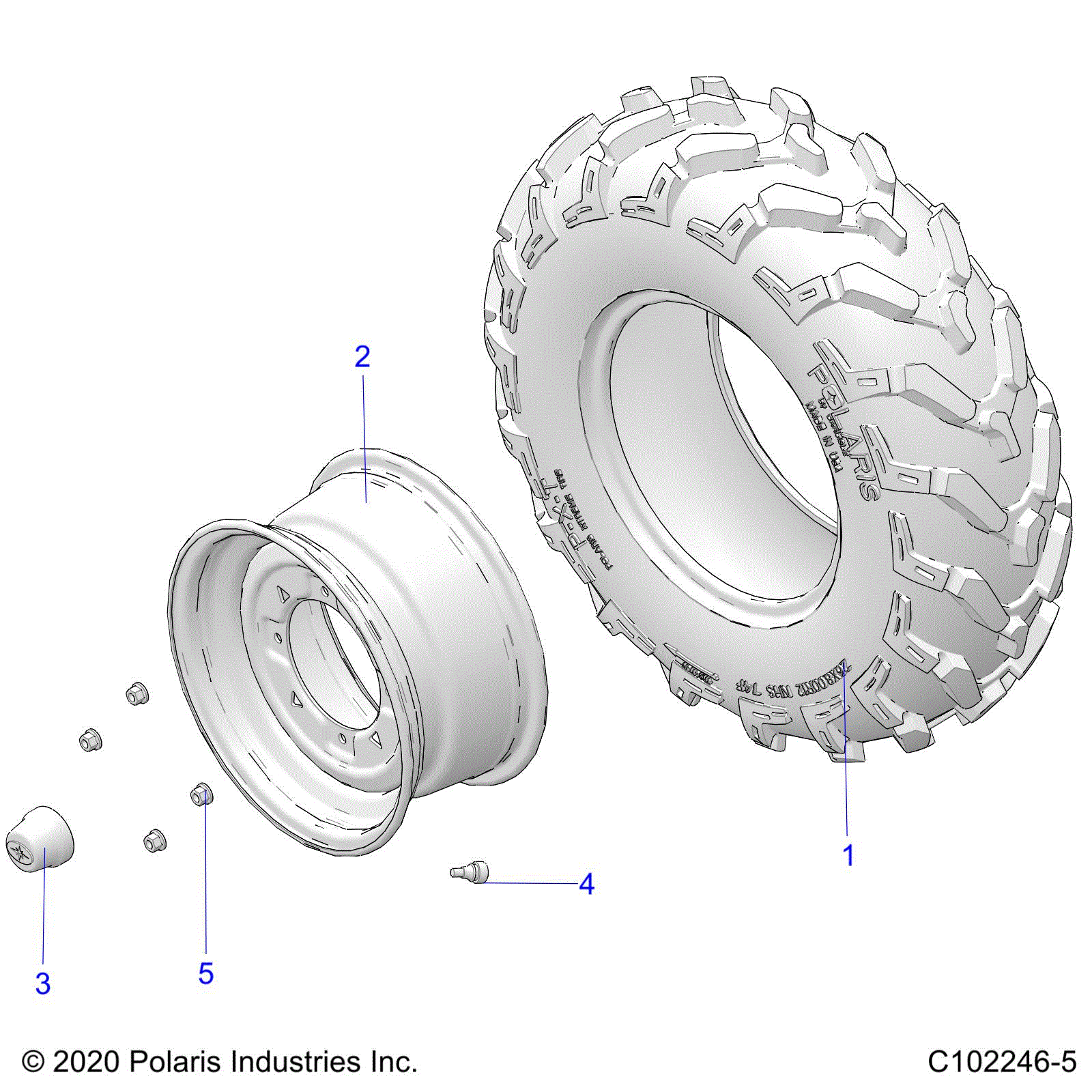 An Image of a Genuine Polaris Parts Schematic Diagram showing the schematic - WHEELS: FRONT TIRE - 2023 POLARIS SPORTSMAN 570 6X6