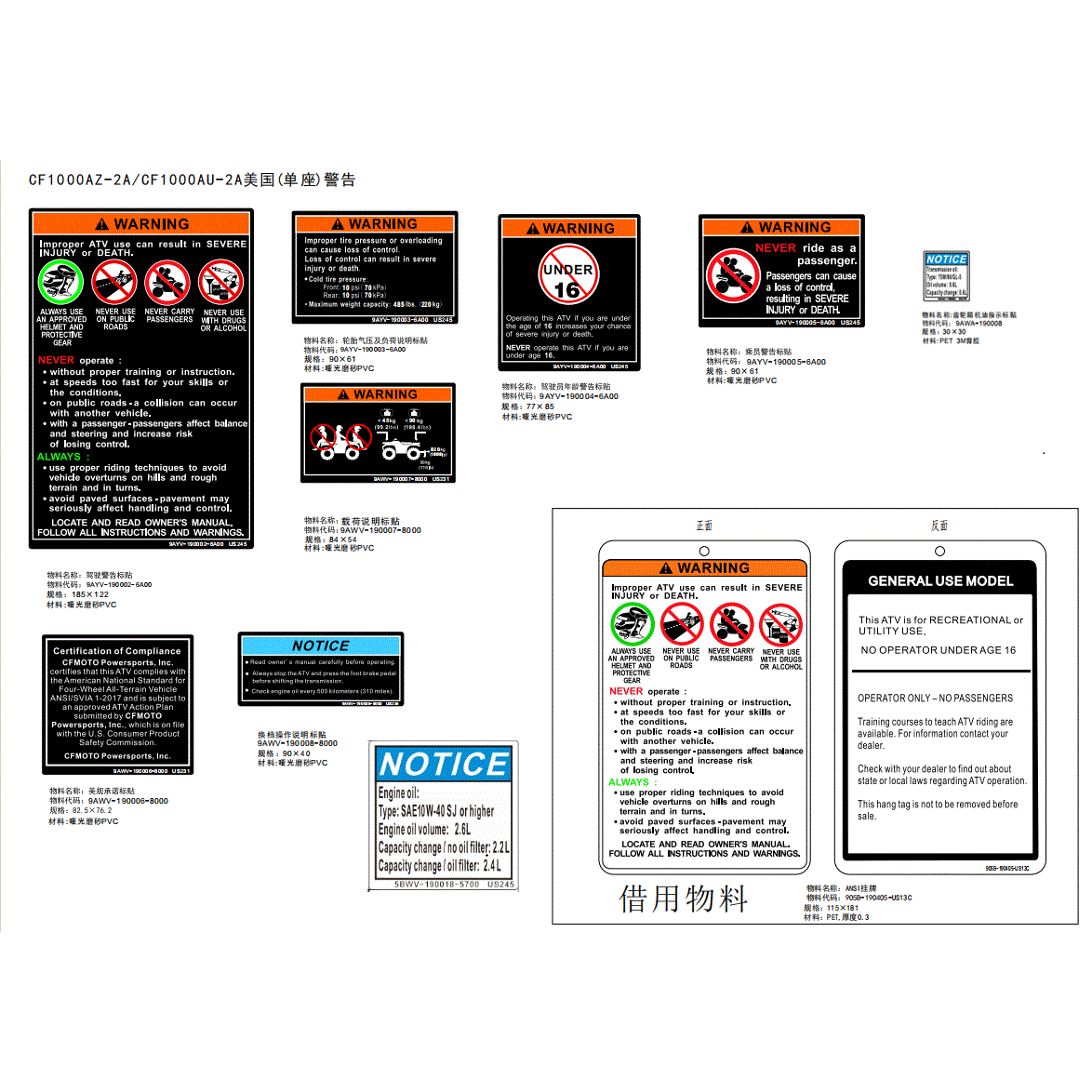 An Image of a genuine CFMOTO Parts Schematic Diagram showing the group - DECAL WARNING (USA) - 2025 CFMOTO CFORCE 1000 OVERLAND