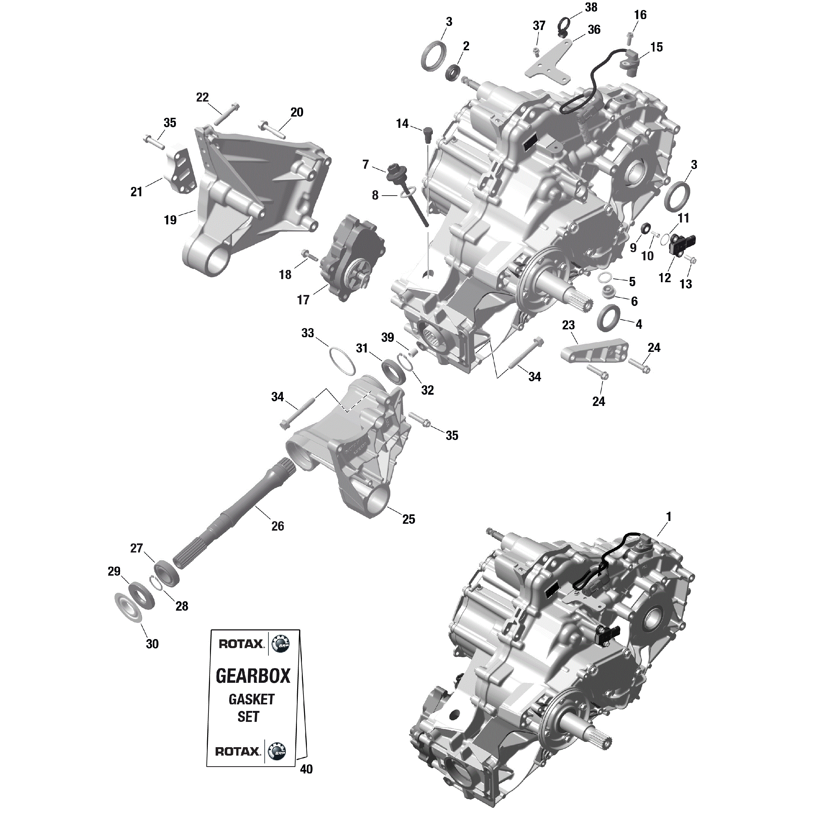 An Image of a Genuine Can-Am Parts Schematic Diagram showing the schematic - ROTAX - GEARBOX ASSY AND DRIVE SHAFT