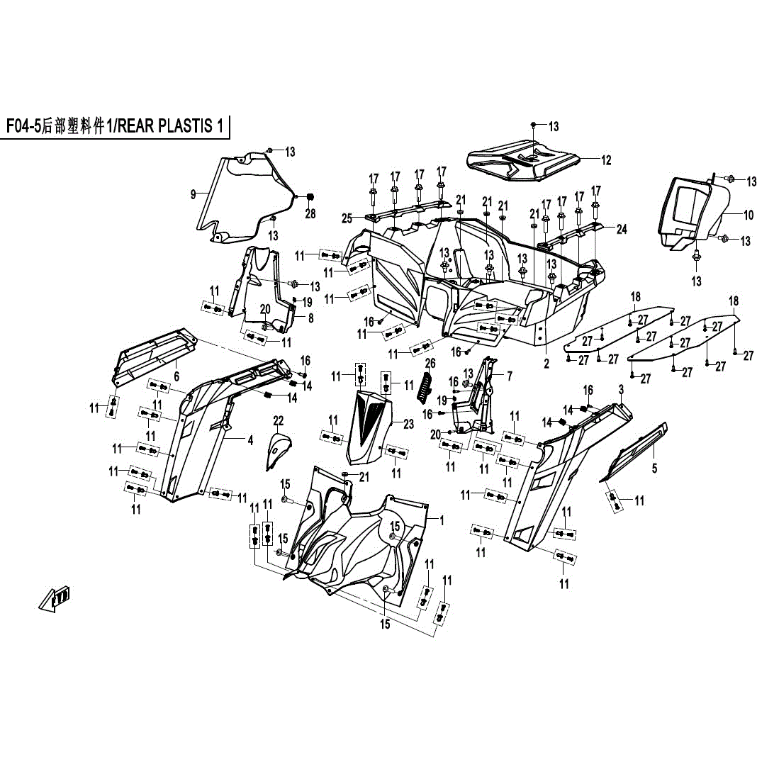 An Image of a Genuine CFMOTO Parts Schematic Diagram showing the schematic - REAR PLASTICS-1 - 2017 CFMOTO ZFORCE 800 Trail