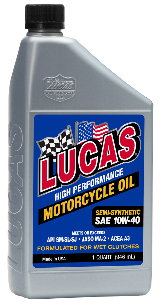 A 1-quart gray plastic bottle of Lucas Oil Semi-Synthetic High Performance Engine Oil 10W40, for wet clutches and liquid cooled engines. Label shows checkered and American flags; meets JASO specs. Size: 946 ml.
