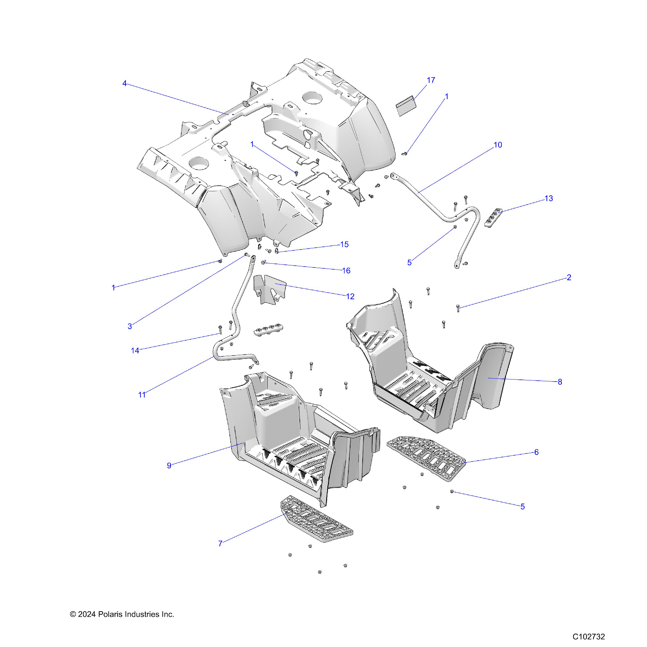 An Image of a Genuine Polaris Parts Schematic Diagram showing the schematic - BODY: REAR CAB and FOOTWELL - 2025 POLARIS SPORTSMAN TOURING XP 1000