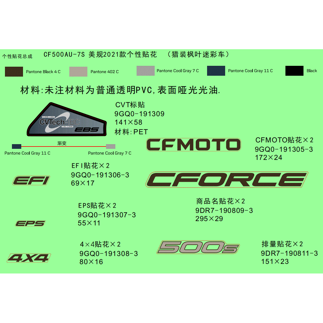 An Image of a genuine CFMOTO Parts Schematic Diagram showing the group - DECAL (FOR 2021 USA TRUE TIMBER CAMO VEHICLE) - 2021 CFMOTO CFORCE 500 S