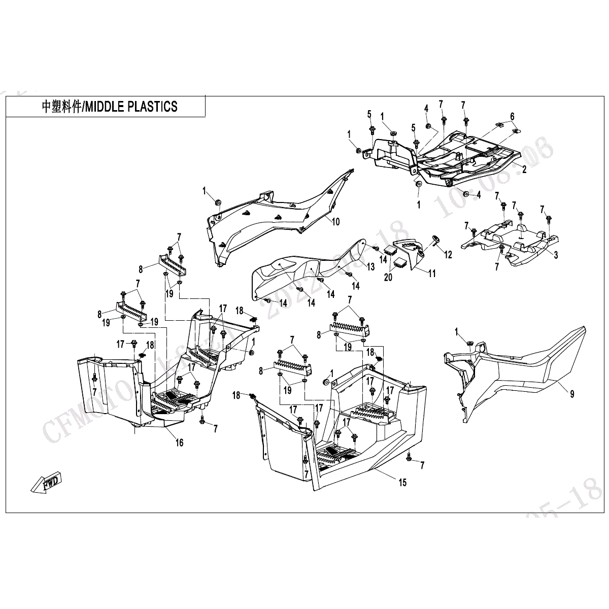 An Image of a genuine CFMOTO Parts Schematic Diagram showing the group - MIDDLE PLASTICS - 2024 CFMOTO CFORCE 800 XC