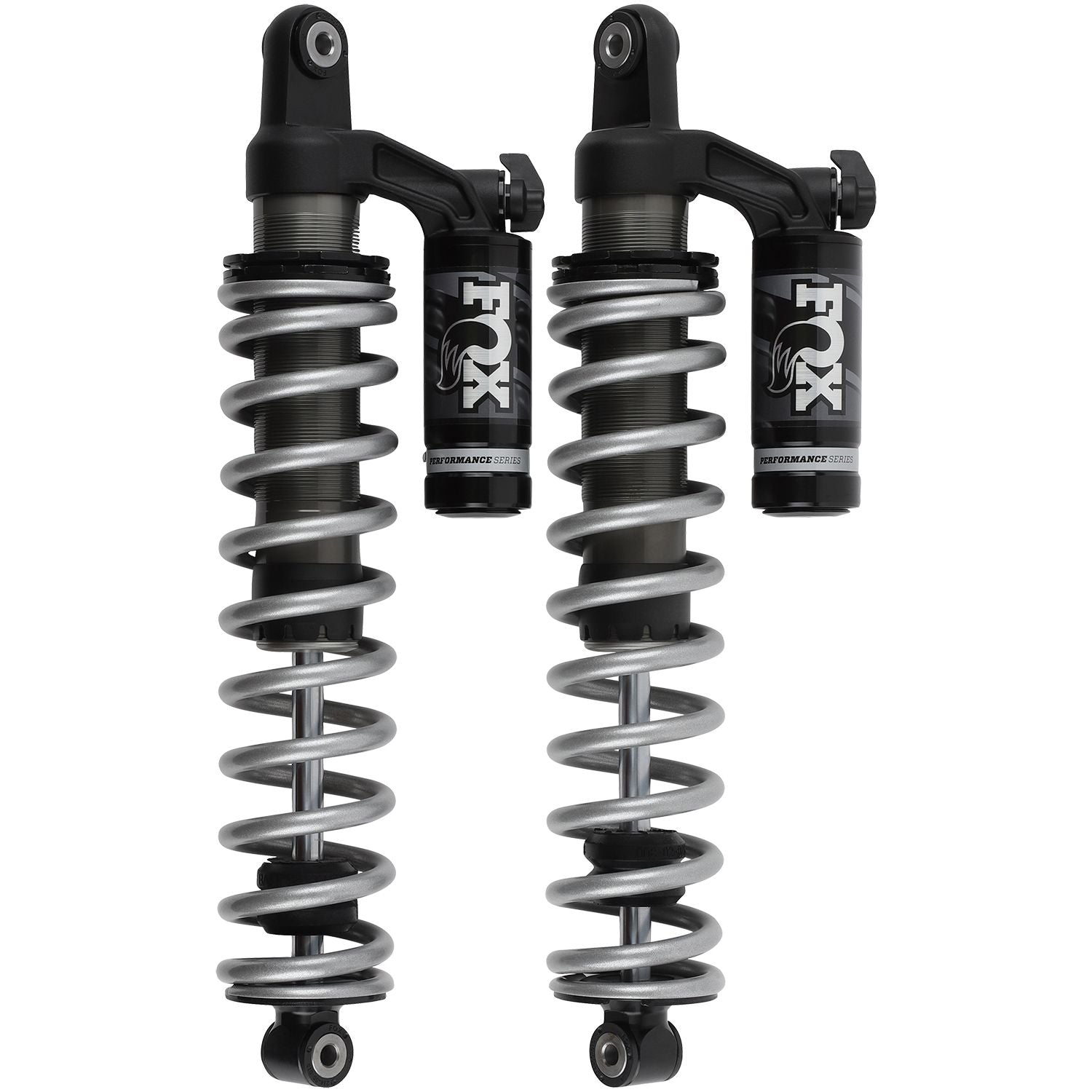 Two Polaris RZR 900 (Rear) 2.0 Podium QS3 shocks by Fox, black and silver with coil springs and external reservoirs, feature a Kashima-coated aluminum finish and stand upright side by side against a white background.
