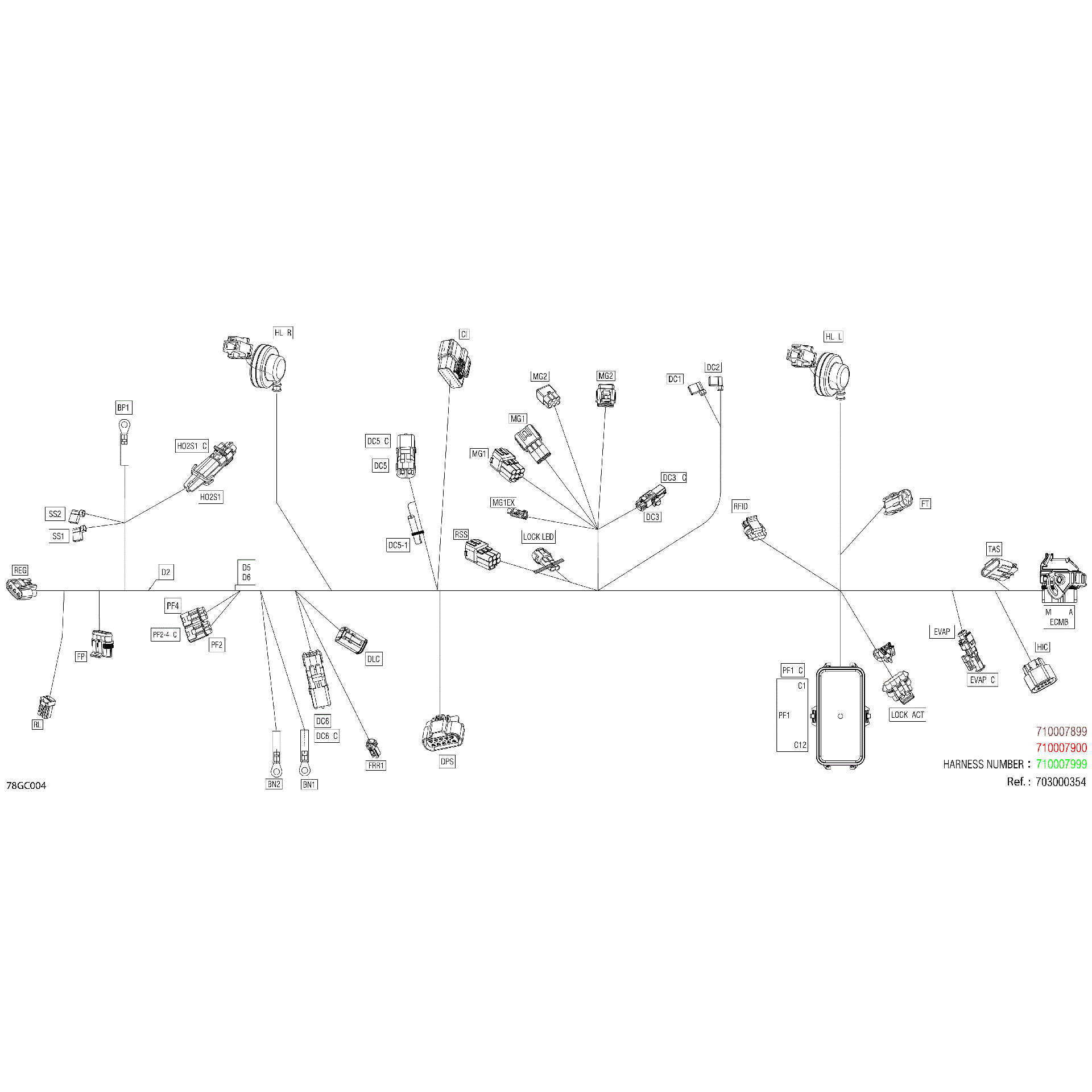 An Image of a Genuine Can-Am Parts Schematic Diagram showing the schematic - ELECTRIC - MAIN HARNESS - 710007899