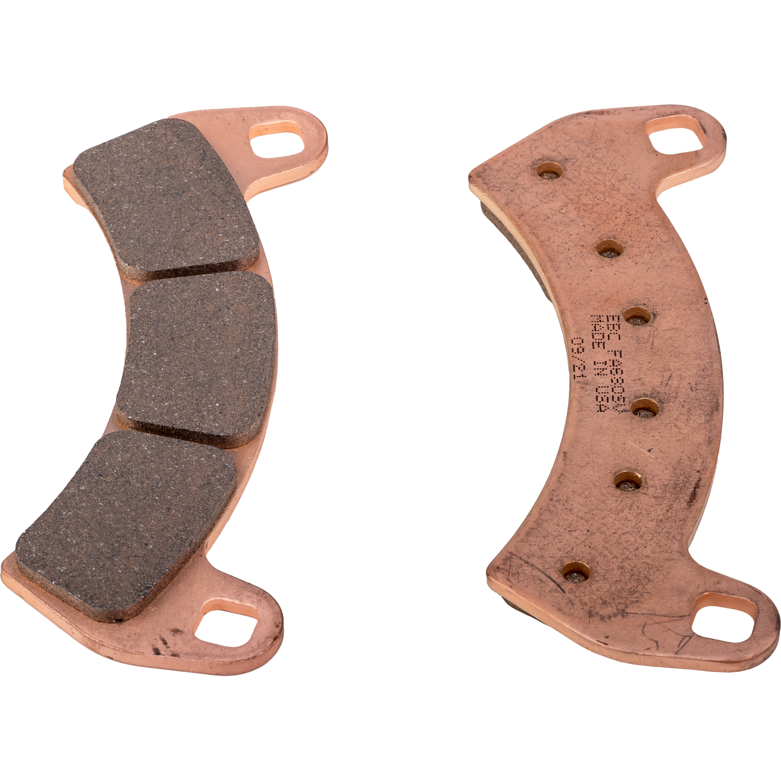 Curved copper-colored metal brake pad with dark friction material segments and mounting holes.