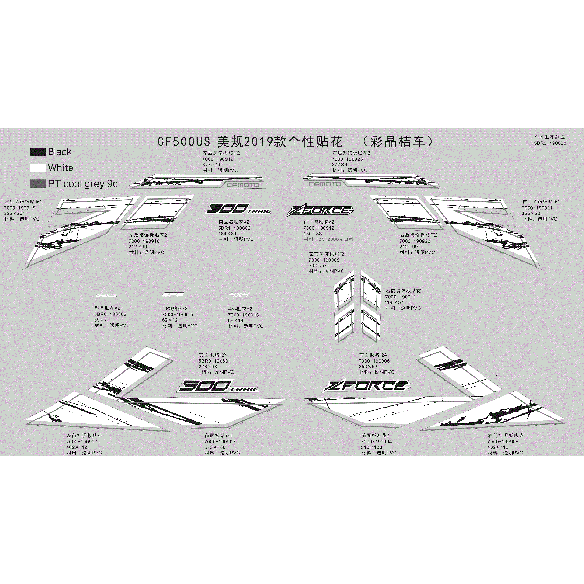An Image of a Genuine CFMOTO Parts Schematic Diagram showing the schematic - DECAL - 2019 CFMOTO ZFORCE 500