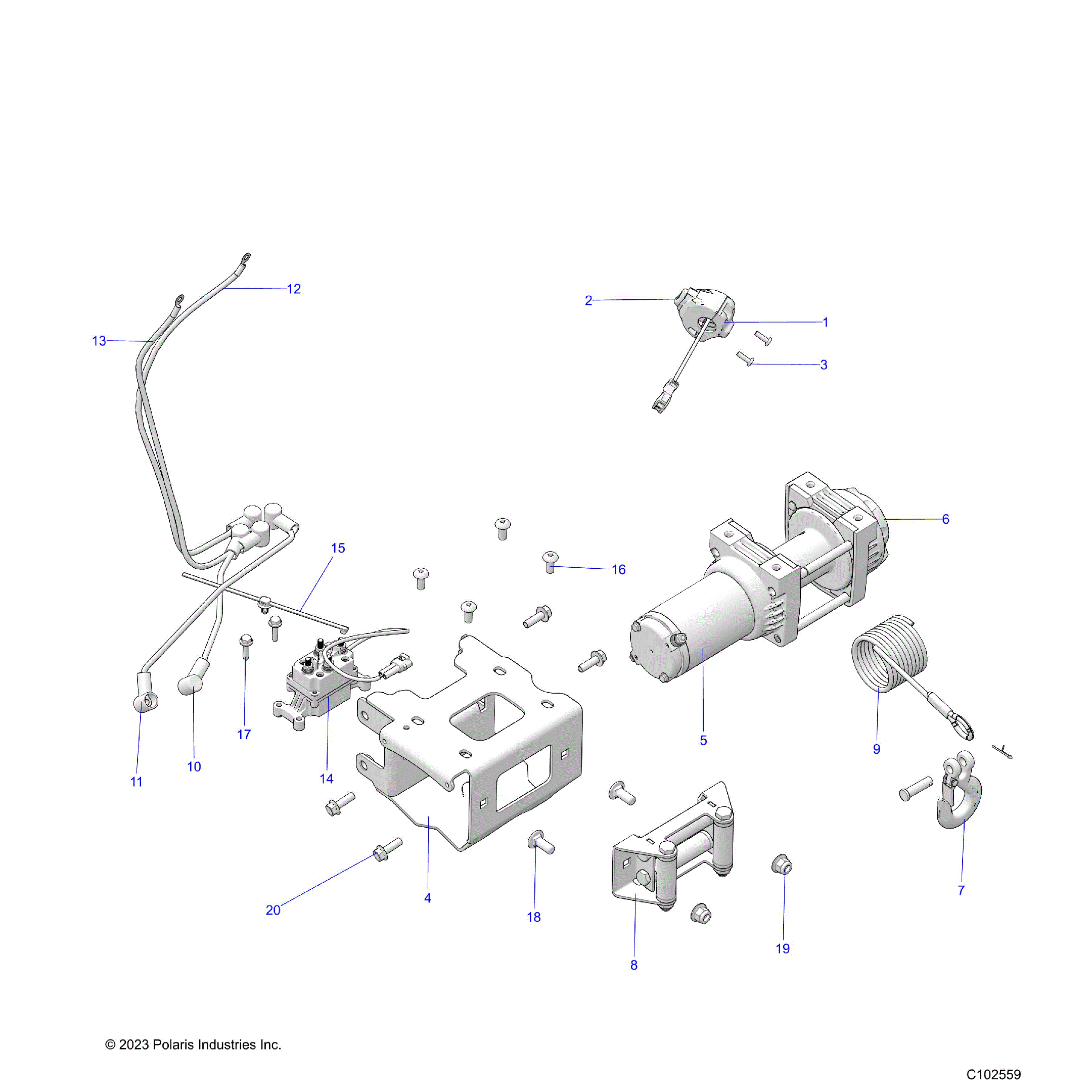 An Image of a Genuine Polaris Parts Schematic Diagram showing the schematic - CHASSIS: WINCH - 2024 POLARIS SPORTSMAN 850 48" ULTIMATE TRAIL