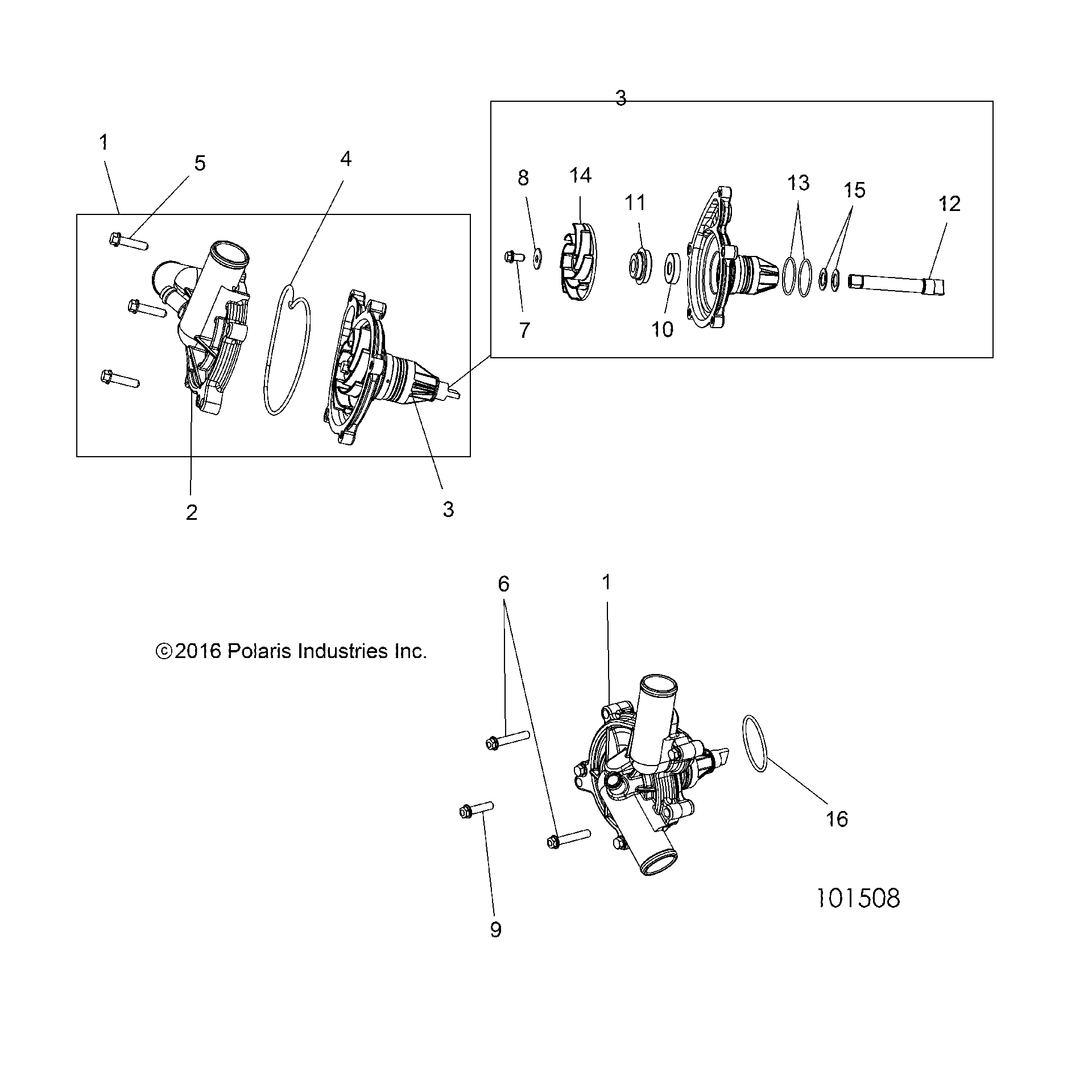 An Image of a Genuine Polaris Parts Schematic Diagram showing the schematic - ENGINE: COOLING WATERPUMP - 2019 POLARIS ACE 900 EPS XC