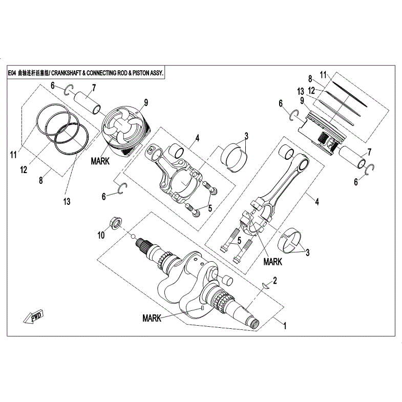 An Image of a Genuine CFMOTO Parts Schematic Diagram showing the schematic - CRANKSHAFT & CONNECTING ROD & PISTON ASSY. - 2018 CFMOTO ZFORCE 800 EX