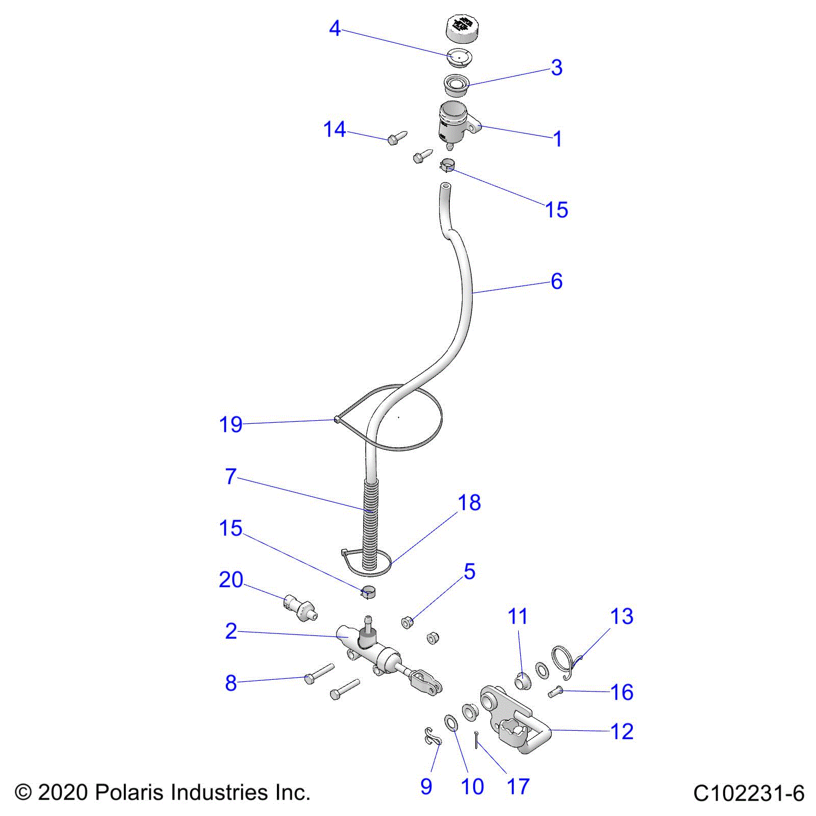 An Image of a Genuine Polaris Parts Schematic Diagram showing the schematic - BRAKES: BRAKE PEDAL and MASTER CYLINDER - 2023 POLARIS SPORTSMAN TOURING 570