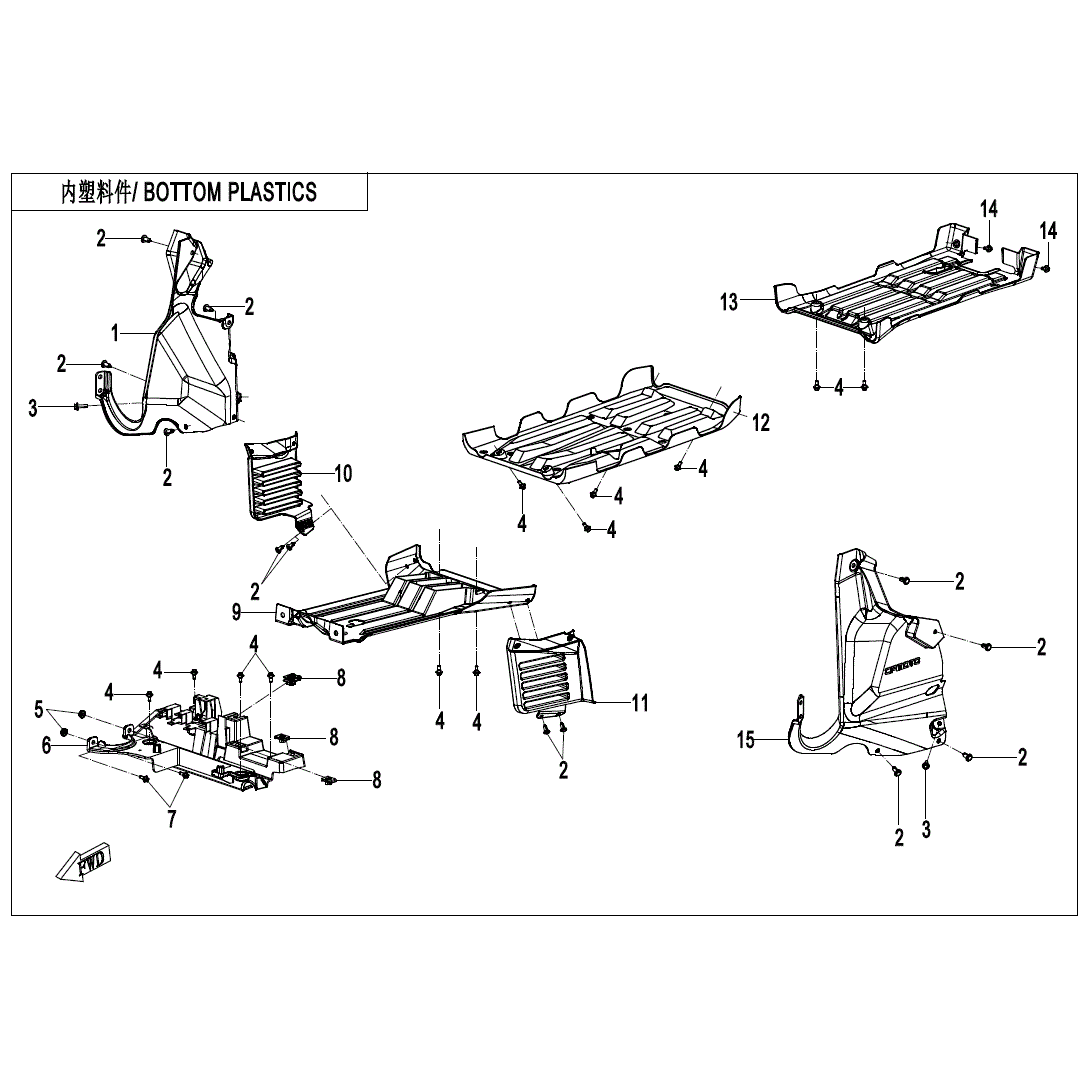 An Image of a genuine CFMOTO Parts Schematic Diagram showing the group - BOTTOM PLASTICS(2) - 2020 CFMOTO CFORCE 600 Touring