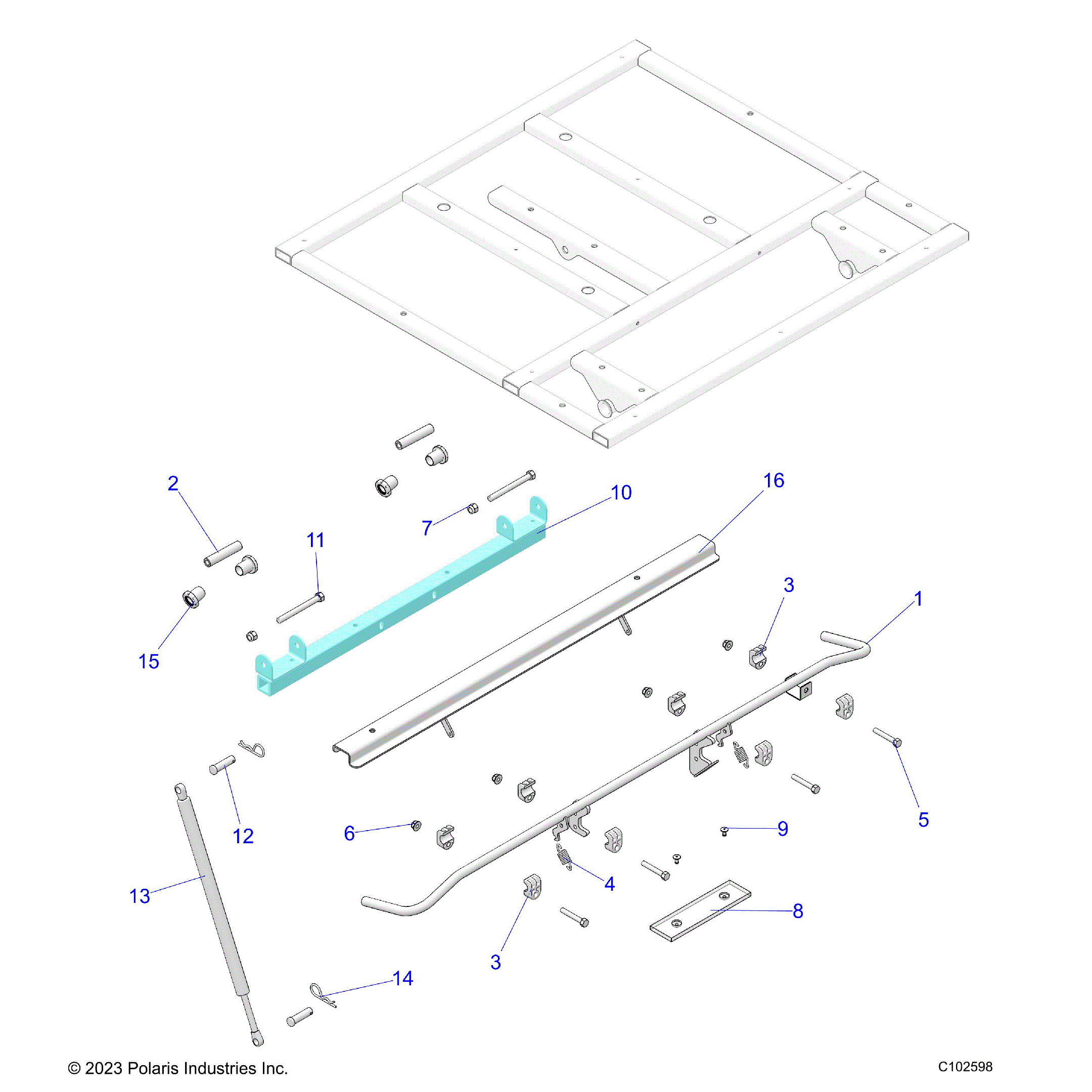 An Image of a Genuine Polaris Parts Schematic Diagram showing the schematic - BODY: DUMP BOX LEVER and SHOCK MOUNTING - 2024 POLARIS SPORTSMAN 570 6X6