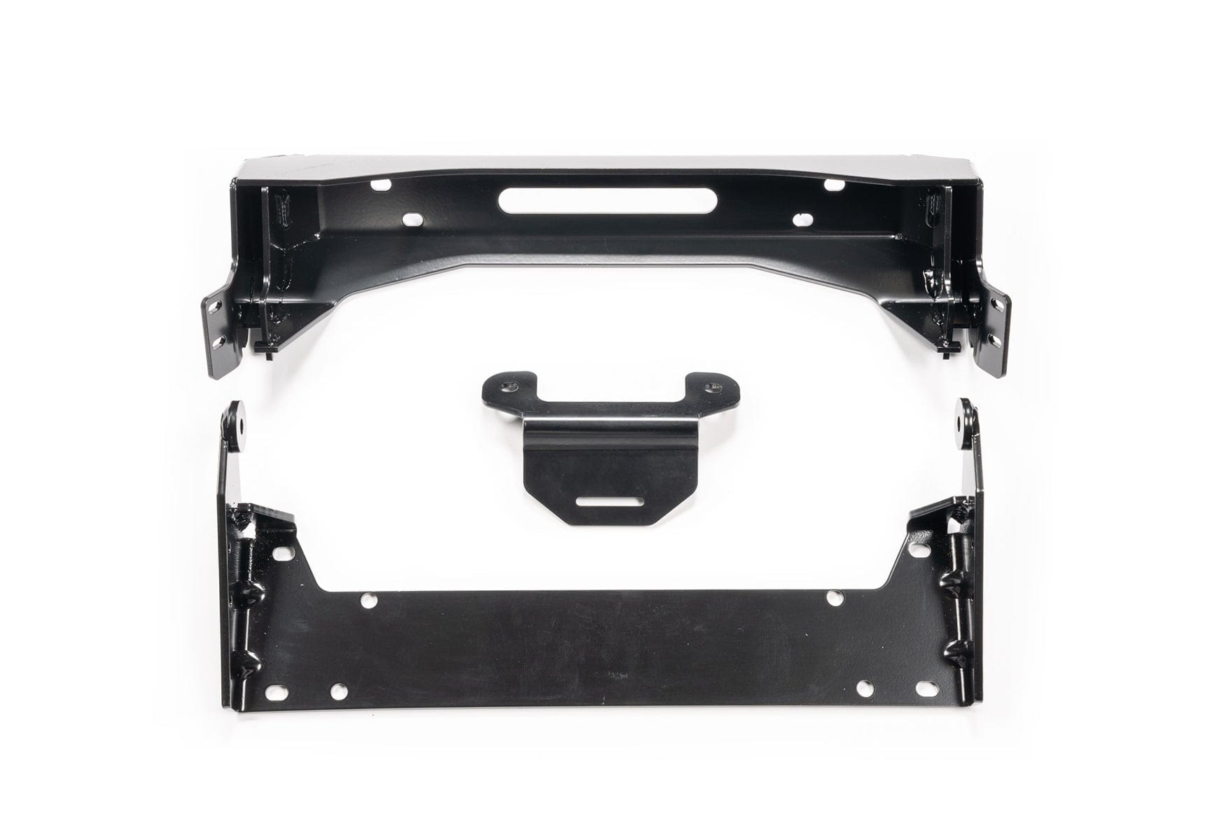 The Yamaha Wolverine RMax (2021) Provantage Front Snow Plow Mounting Kit By Warn includes black powder-coated metal brackets and a central piece, all pre-drilled, neatly displayed on a white background.