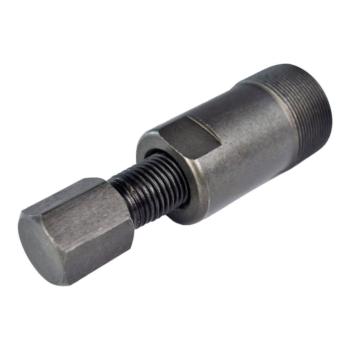 Metal flywheel puller tool with threaded cylindrical body and hexagonal head end.