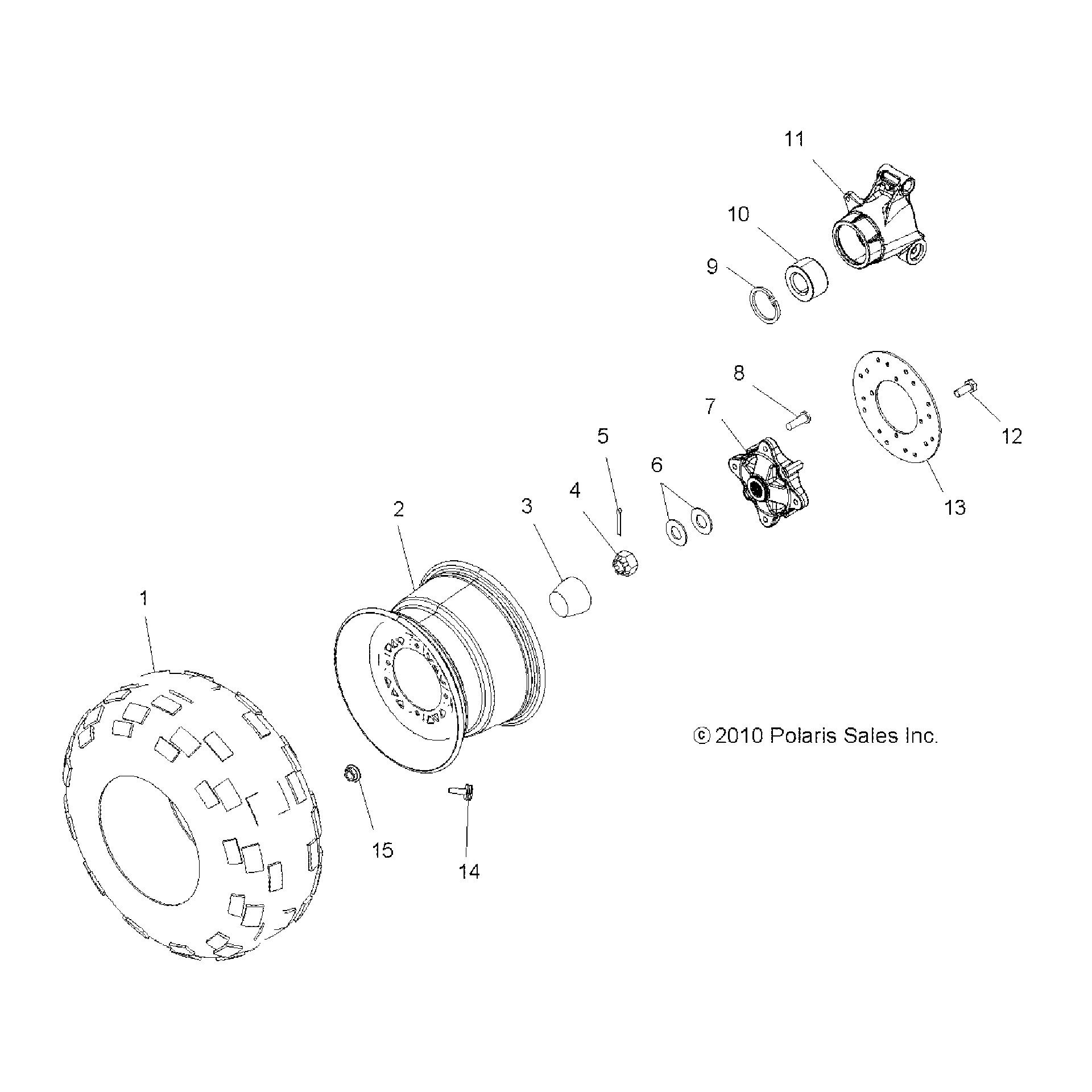 An Image of a Genuine Polaris Parts Schematic Diagram showing the schematic - WHEELS: REAR TIRE and BRAKE DISC - 2015 POLARIS HAWKEYE 325 2X4