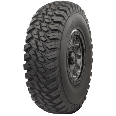 The Tire Kanati Mongrel Sq 32X9.50R15 by GBC is a large off-road tire with deep, rugged treads, strong shoulder lugs, and a black rim for enhanced traction and durability on rough terrain.