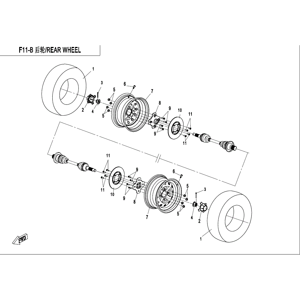 An Image of a Genuine CFMOTO Parts Schematic Diagram showing the schematic - REAR WHEEL - 2022 CFMOTO ZFORCE 500