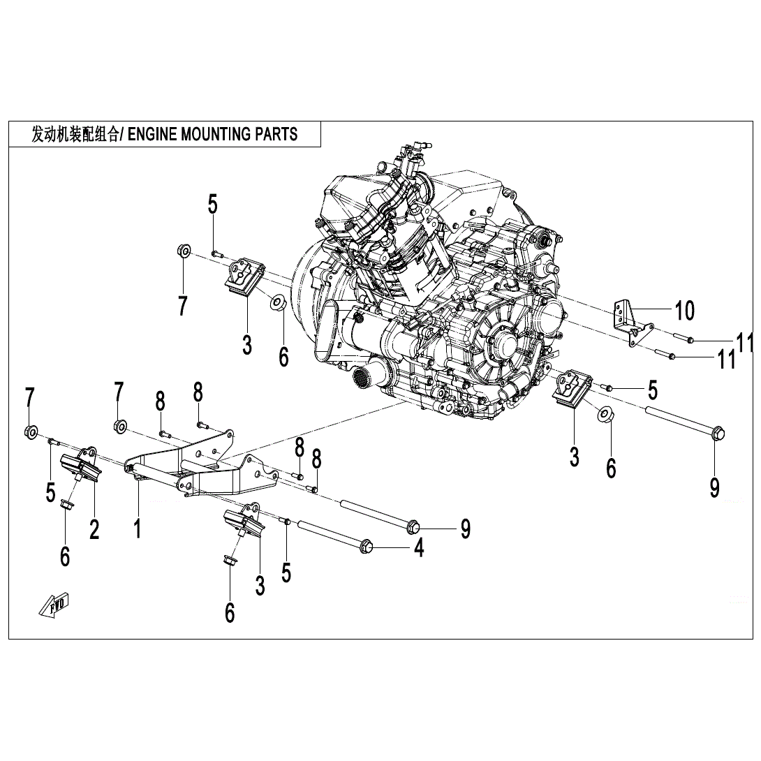 An Image of a genuine CFMOTO Parts Schematic Diagram showing the group - ENGINE MOUNTING PARTS - 2024 CFMOTO CFORCE 500 S
