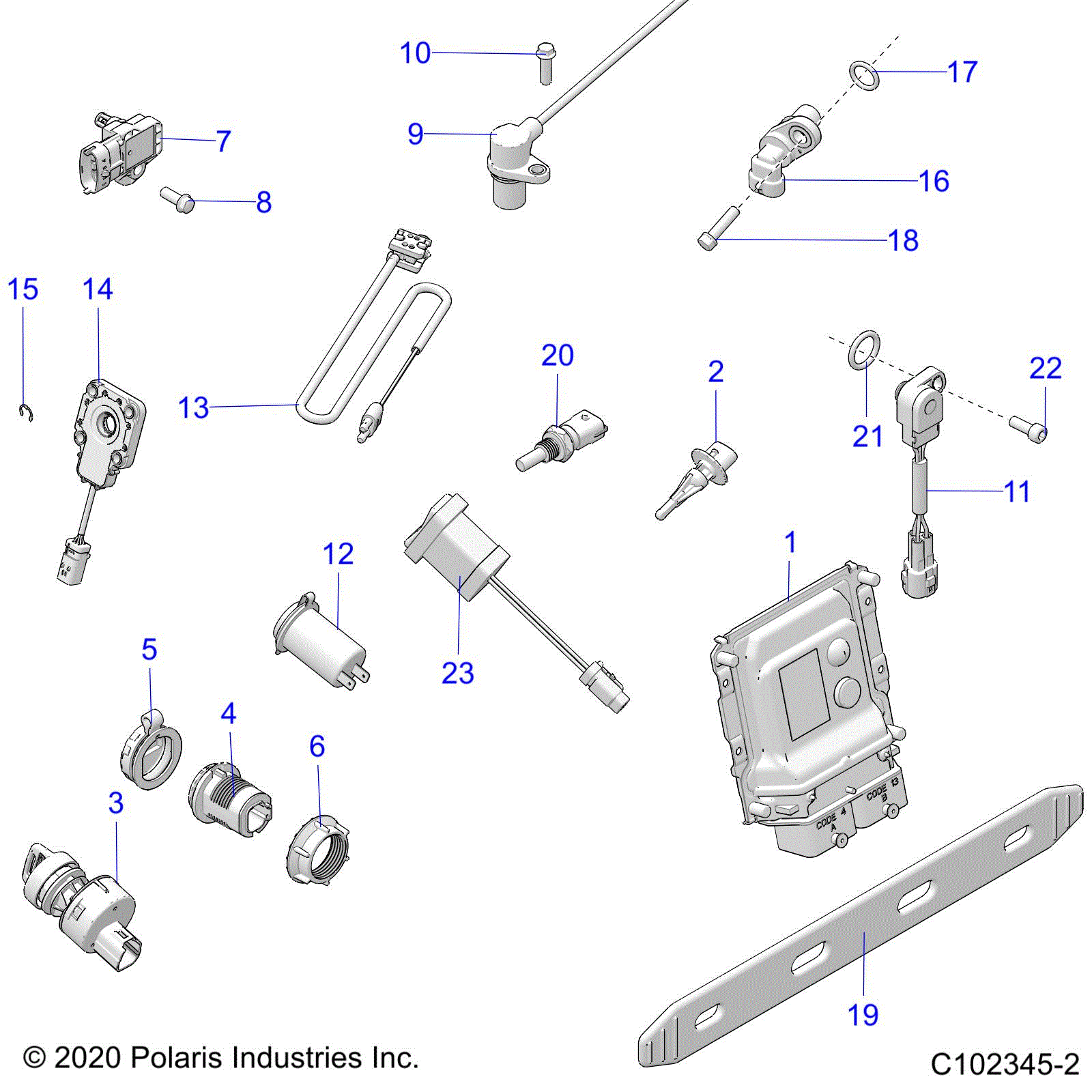 An Image of a Genuine Polaris Parts Schematic Diagram showing the schematic - ELECTRICAL: SWITCHES SENSORS ECU and CONTROL MODULES - 2021 POLARIS SPORTSMAN XP 1000 EPS 48"