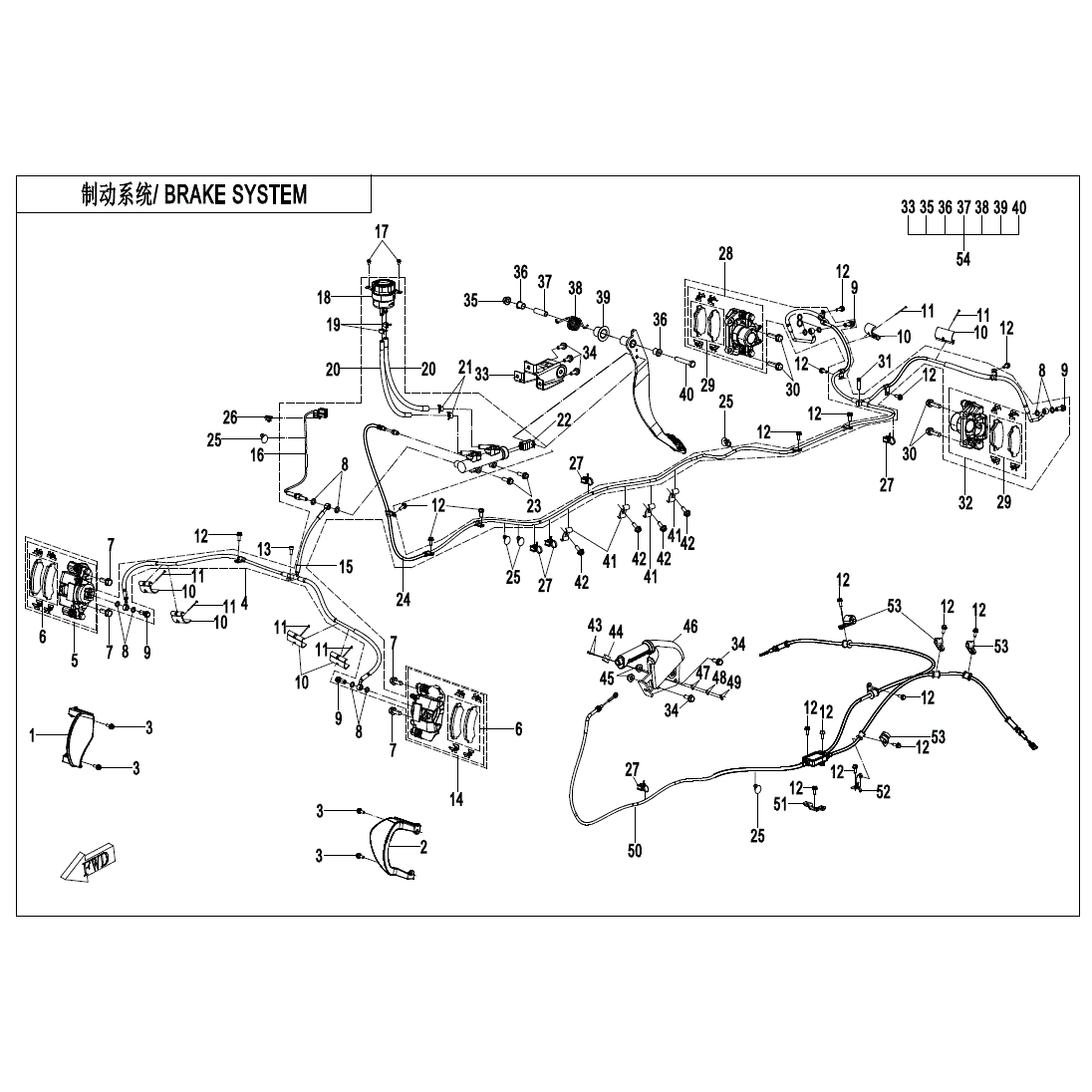 An Image of a Genuine CFMOTO Parts Schematic Diagram showing the schematic - BRAKE SYSTEM - 2025 CFMOTO ZFORCE 950