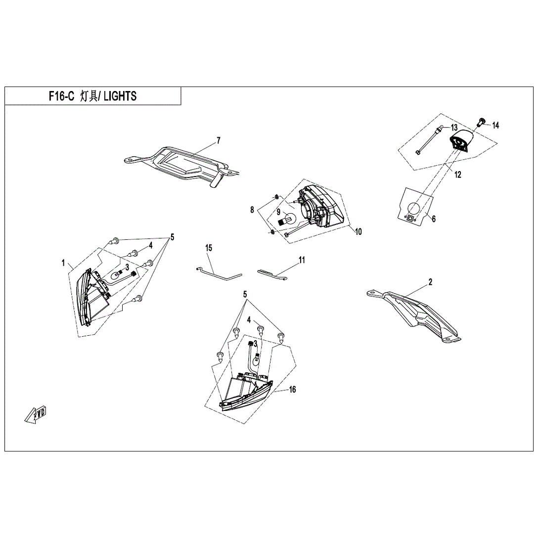 An Image of a genuine CFMOTO Parts Schematic Diagram showing the group - LIGHTS (NA - 2020 CFMOTO CFORCE 400