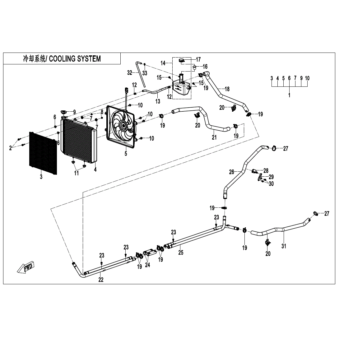An Image of a Genuine CFMOTO Parts Schematic Diagram showing the schematic - COOLING SYSTEM - 2025 CFMOTO UFORCE 800 XL
