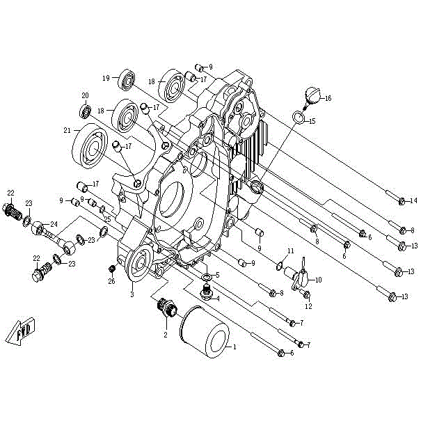 An Image of a genuine CFMOTO Parts Schematic Diagram showing the group - LEFT CRANKCASE - 2016 CFMOTO CFORCE 500 SWB