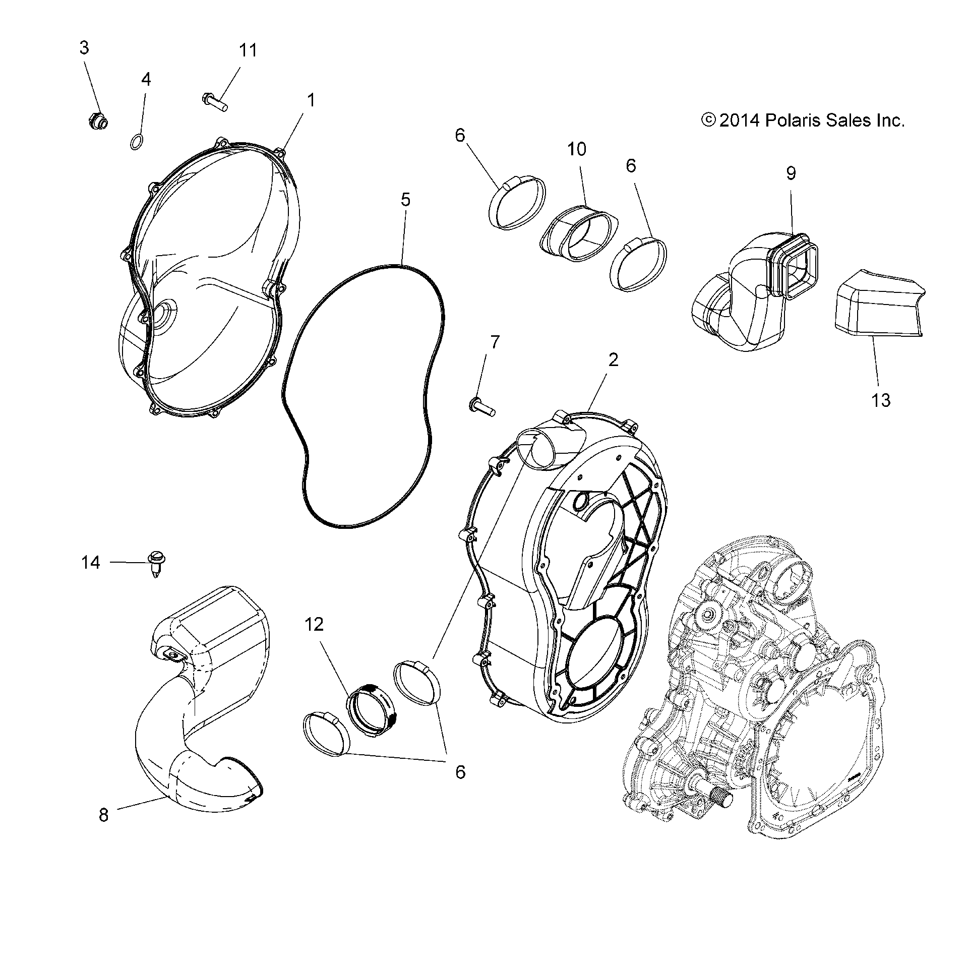 An Image of a Genuine Polaris Parts Schematic Diagram showing the schematic - BODY: CLUTCH COVER - 2016 POLARIS SPORTSMAN TOURING 850 SP
