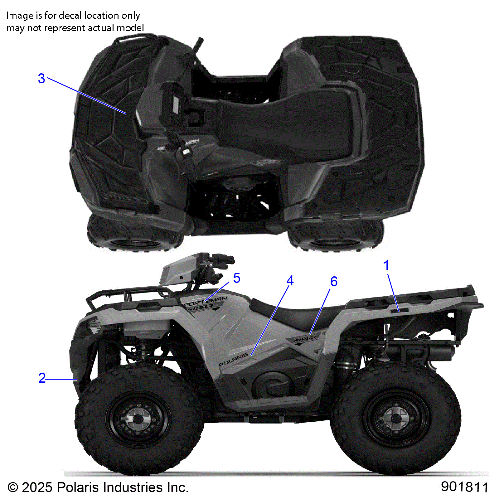 An Image of a Genuine Polaris Parts Schematic Diagram showing the schematic - BODY: DECALS GRAPHIC - 2026 POLARIS SPORTSMAN 450 50S