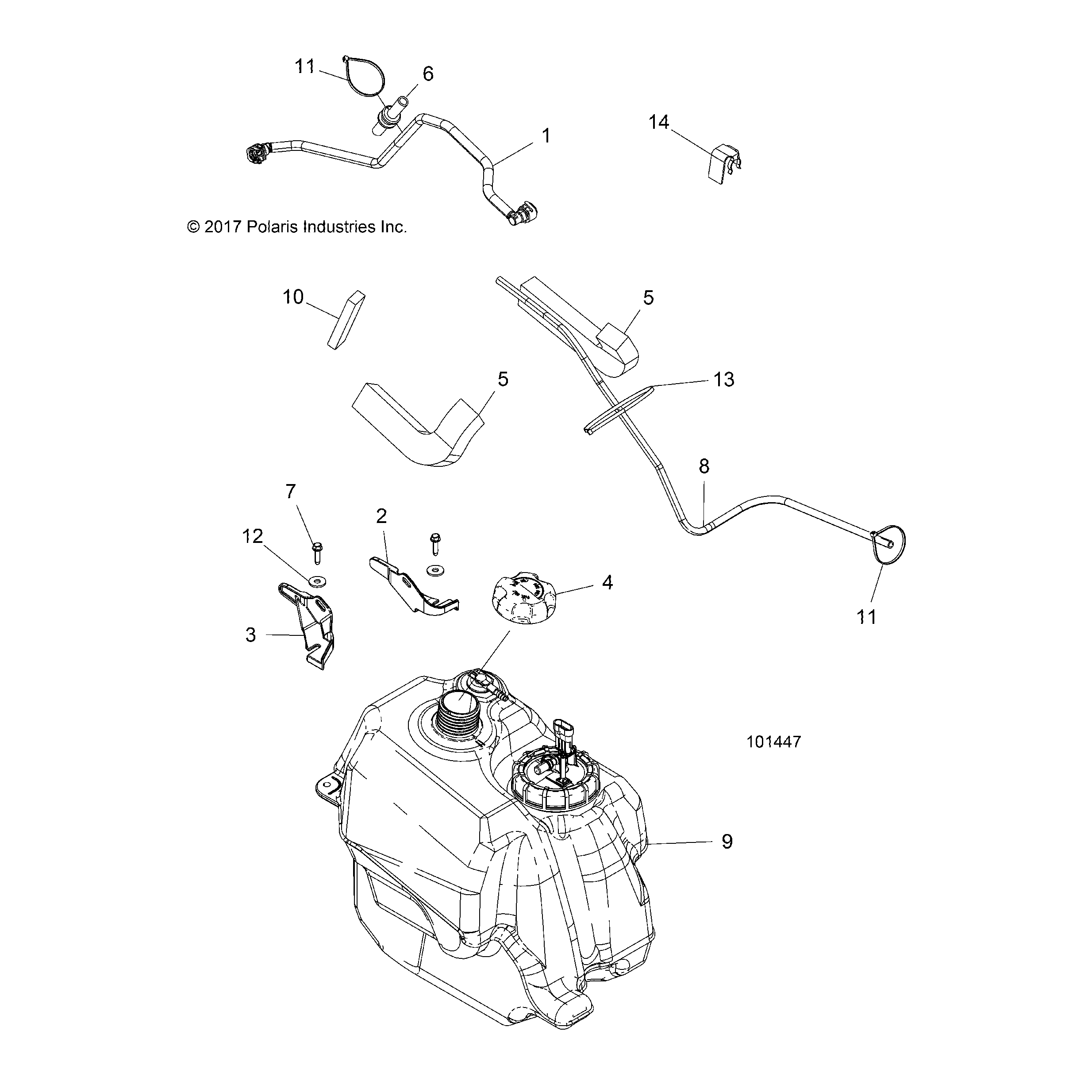 An Image of a Genuine Polaris Parts Schematic Diagram showing the schematic - BODY: FUEL TANK ASM. - 2018 POLARIS SPORTSMAN 570 EFI UTE