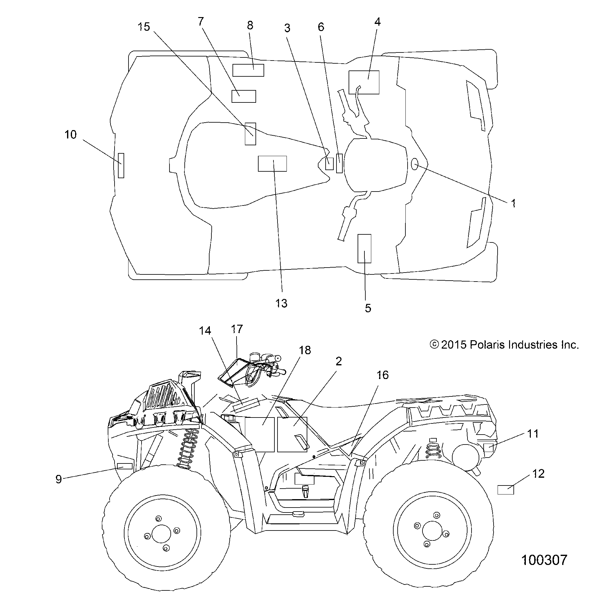 An Image of a Genuine Polaris Parts Schematic Diagram showing the schematic - BODY: DECALS - 2016 POLARIS SPORTSMAN 850 HIGH LIFTER