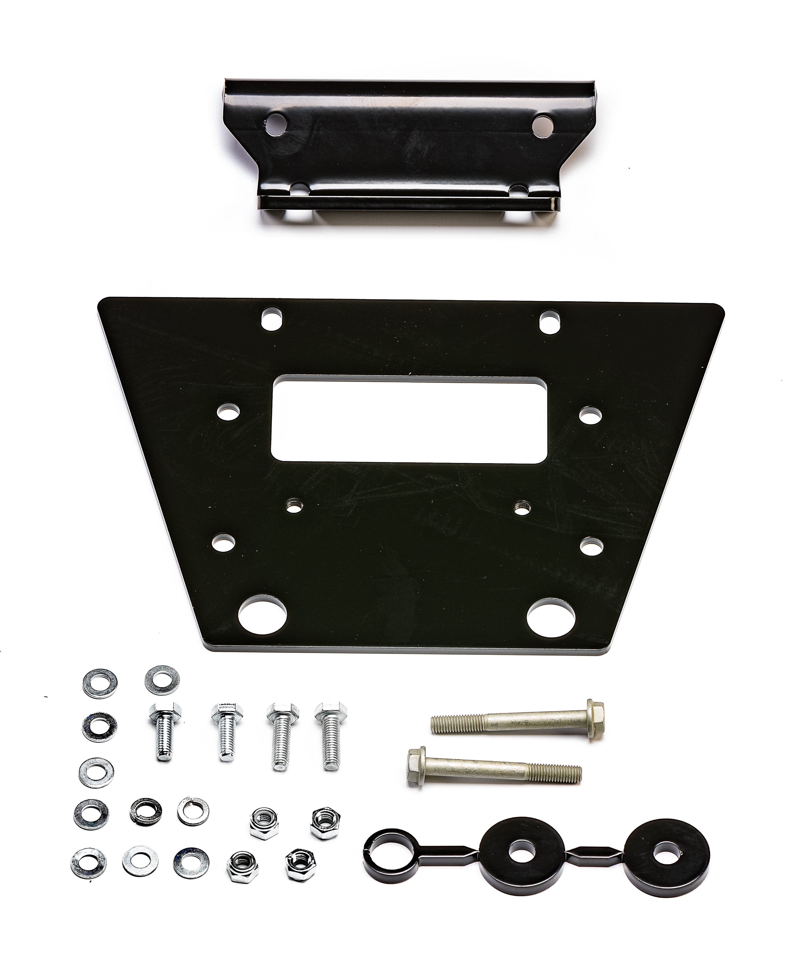 The Kawasaki Teryx KRX 1000 (2020-2022) Winch Mounting Kit by Warn includes a corrosion-resistant black triangular plate with a rectangular cutout, hinge, bolts, nuts, washers, and a small rod—complete hardware included.