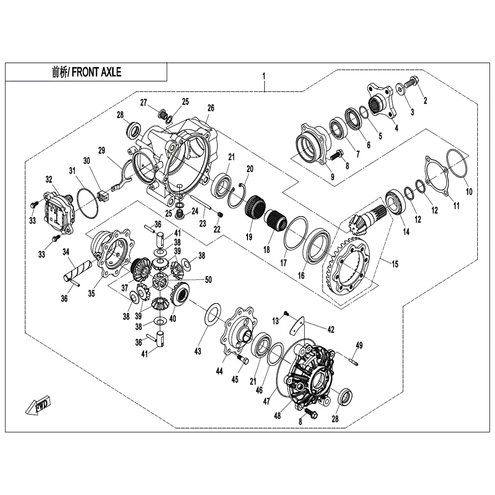 An Image of a genuine CFMOTO Parts Schematic Diagram showing the group - FRONT AXLE (ORDINARY) - 2021 CFMOTO CFORCE 1000 Overland