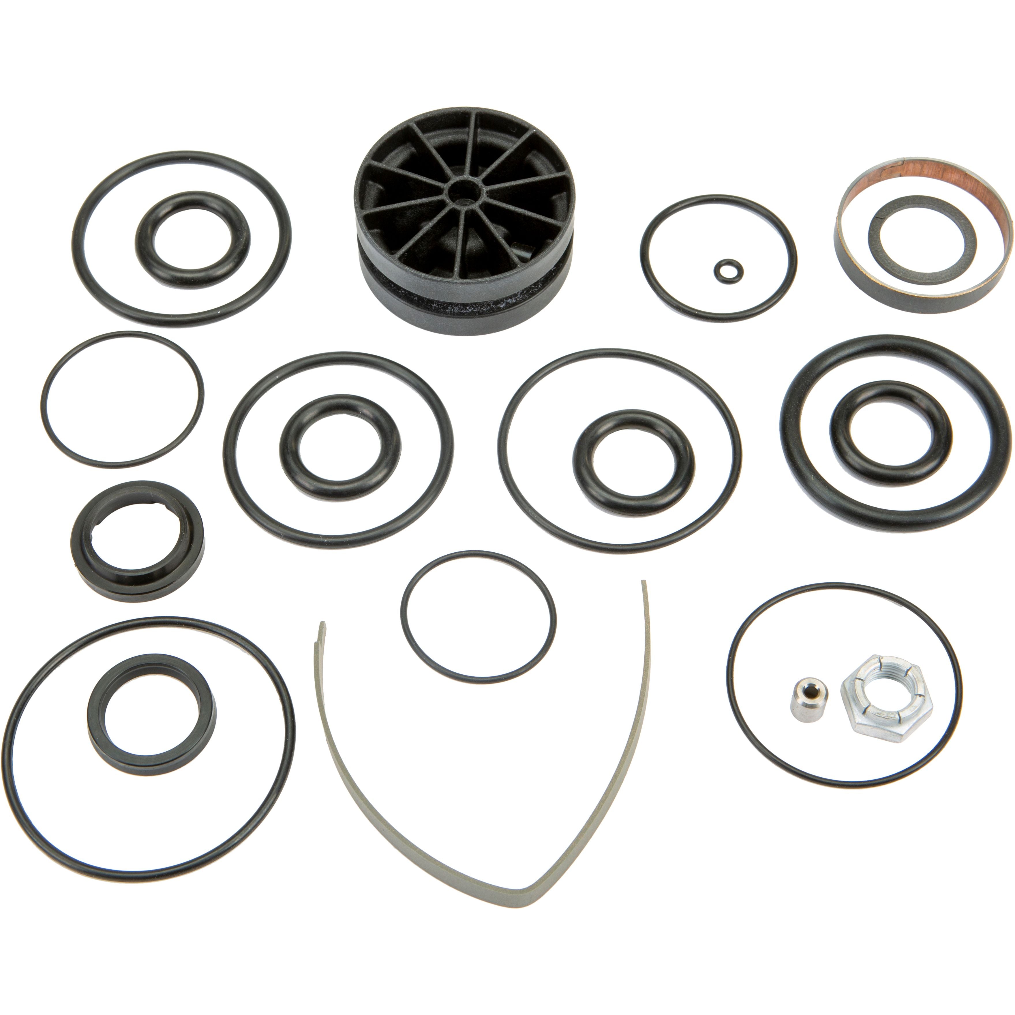Set of black rubber O-rings and seals, plastic spool, metal washers, and small hardware parts for front bypass rebuild kit.