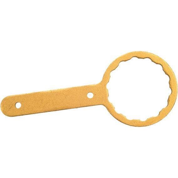 The Oil Filter Wrench by EMGO is a flat, tan wrench with a scalloped ring and straight handle, designed for Emgo Fram filters on Honda, Kawasaki, Yamaha, and Polaris models.