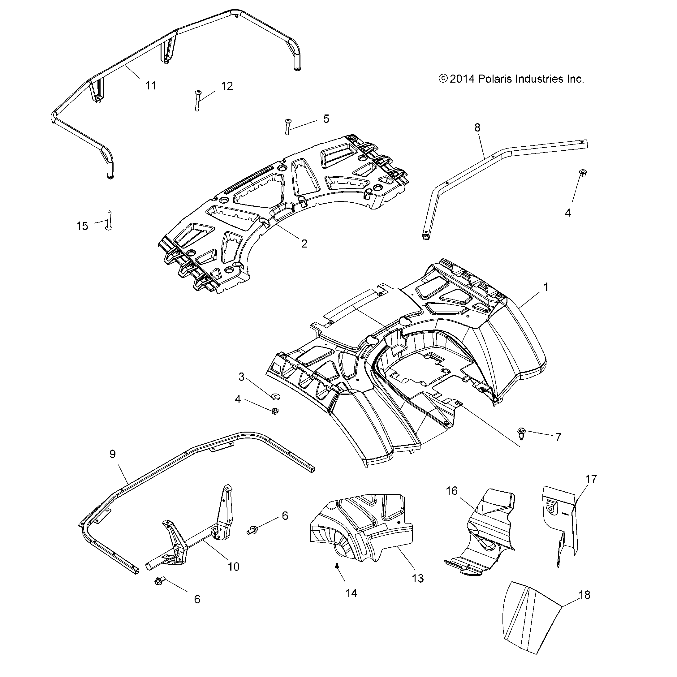 An Image of a Genuine Polaris Parts Schematic Diagram showing the schematic - BODY: REAR CAB and REAR RACK - 2016 POLARIS SPORTSMAN XP 1000