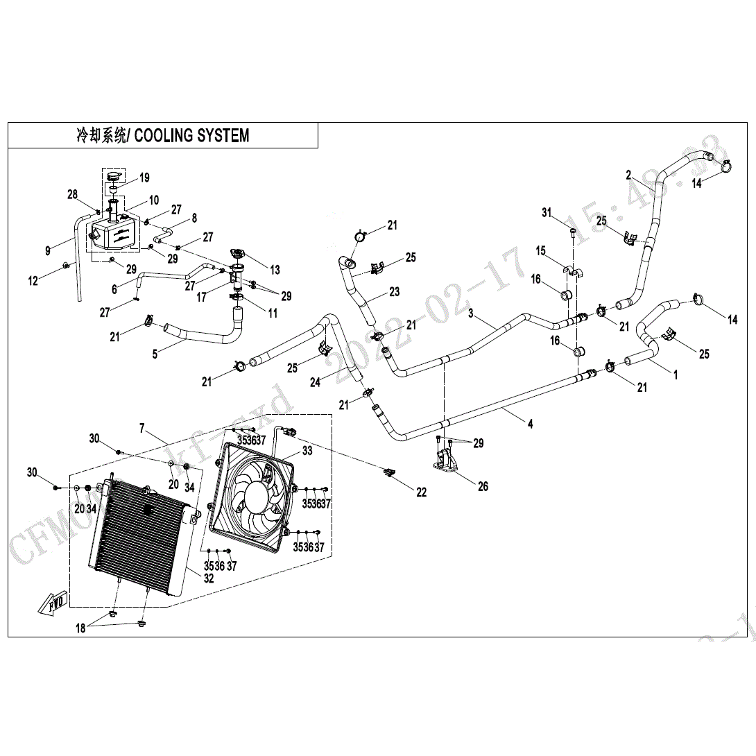 An Image of a Genuine CFMOTO Parts Schematic Diagram showing the schematic - COOLING SYSTEM(2) - 2023 CFMOTO ZFORCE 800 Trail