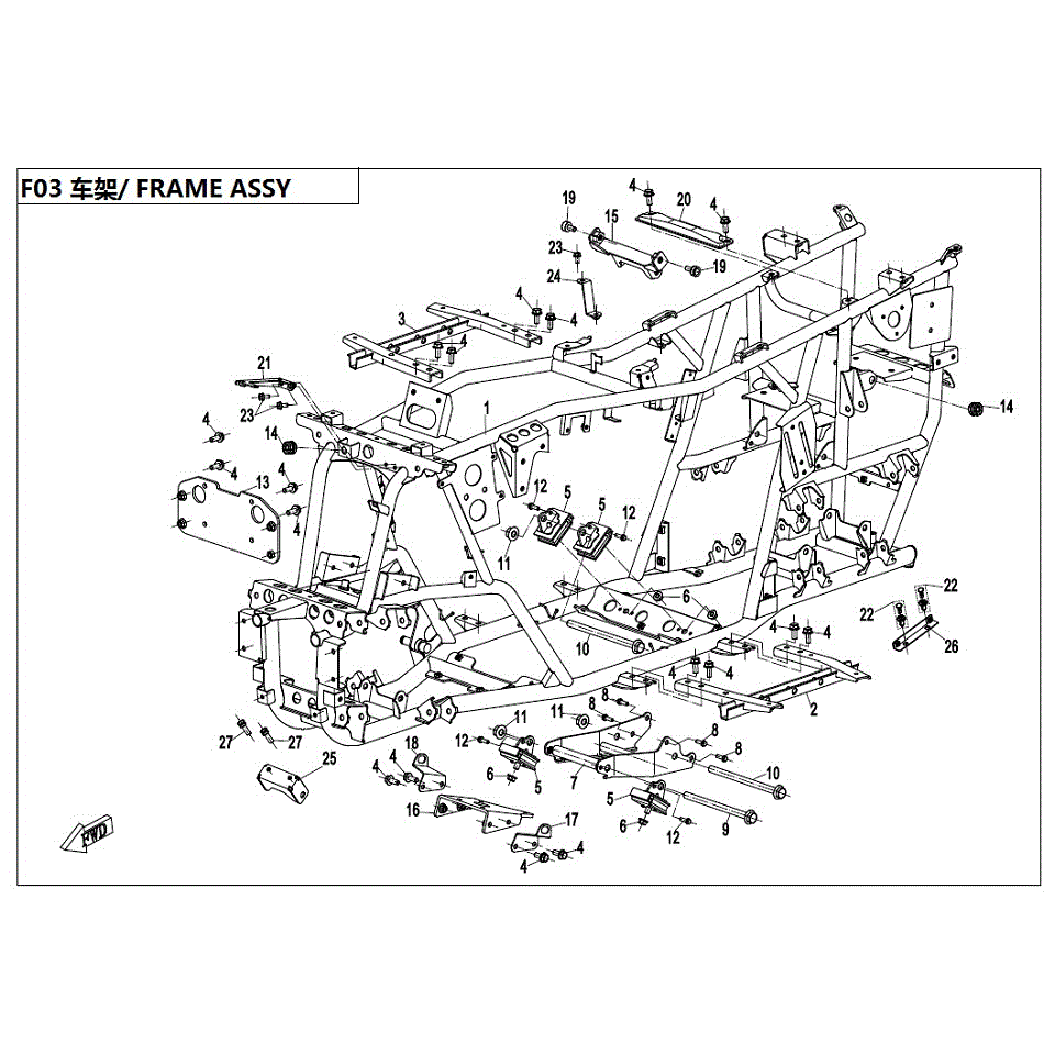 An Image of a genuine CFMOTO Parts Schematic Diagram showing the group - FRAME ASSY - 2017 CFMOTO CFORCE 400