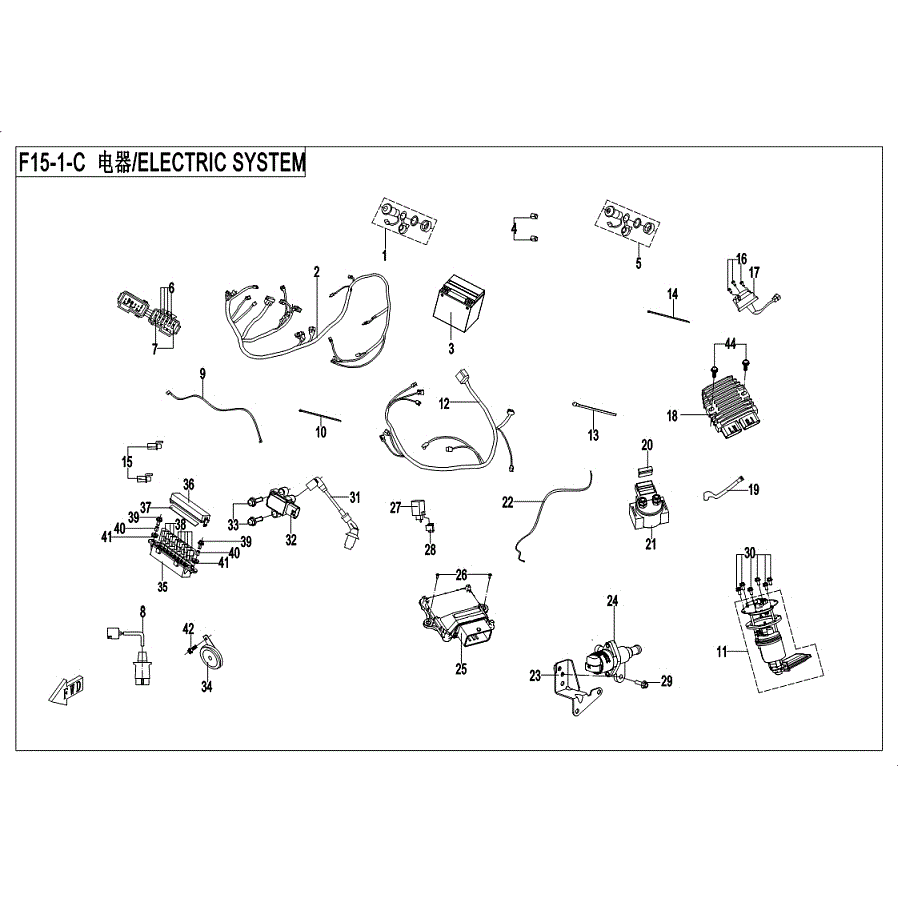 An Image of a genuine CFMOTO Parts Schematic Diagram showing the group - ELECTRIC SYSTEM (USA - 2019 CFMOTO CFORCE 500 S
