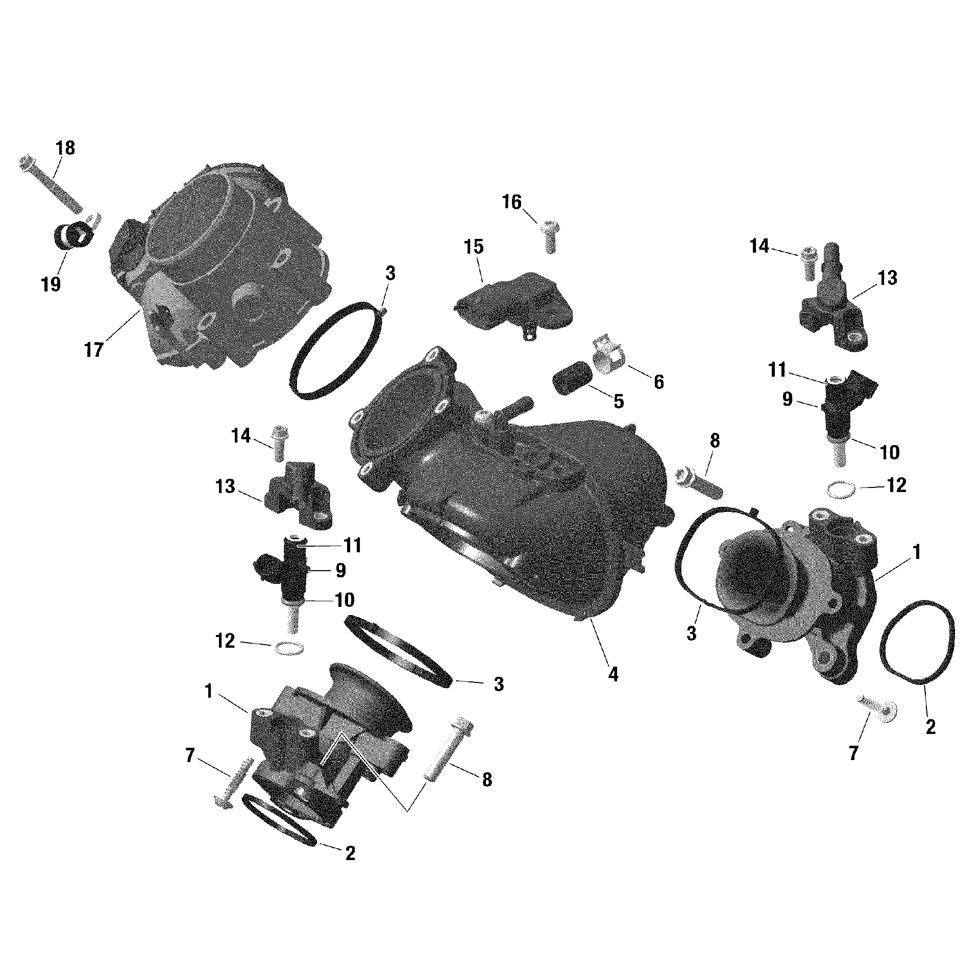 An Image of a Genuine Can-Am Parts Schematic Diagram showing the schematic - ROTAX - AIR INTAKE MANIFOLD AND THROTTLE BODY