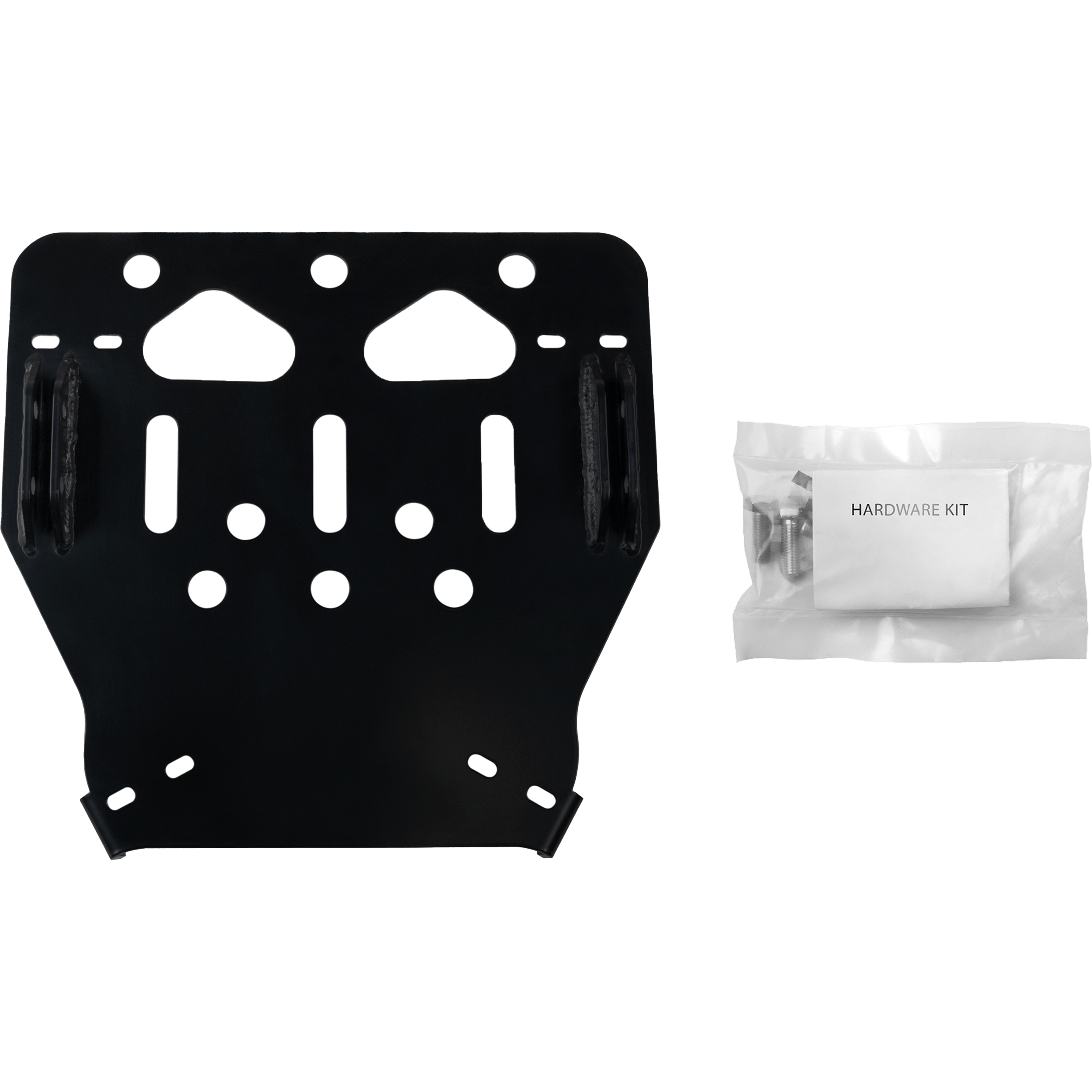 The ATV Plow Mount by Open Trail, a black metal plate with multiple holes and slots, is shown alongside a clear plastic bag labeled HARDWARE KIT containing screws and fasteners.