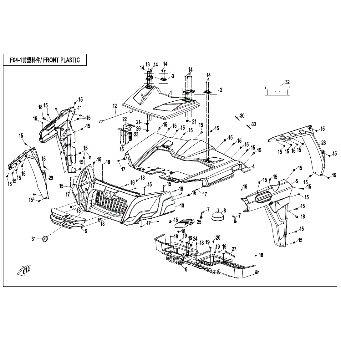 An Image of a Genuine CFMOTO Parts Schematic Diagram showing the schematic - FRONT PLASTICS(2) - 2022 CFMOTO UFORCE 800