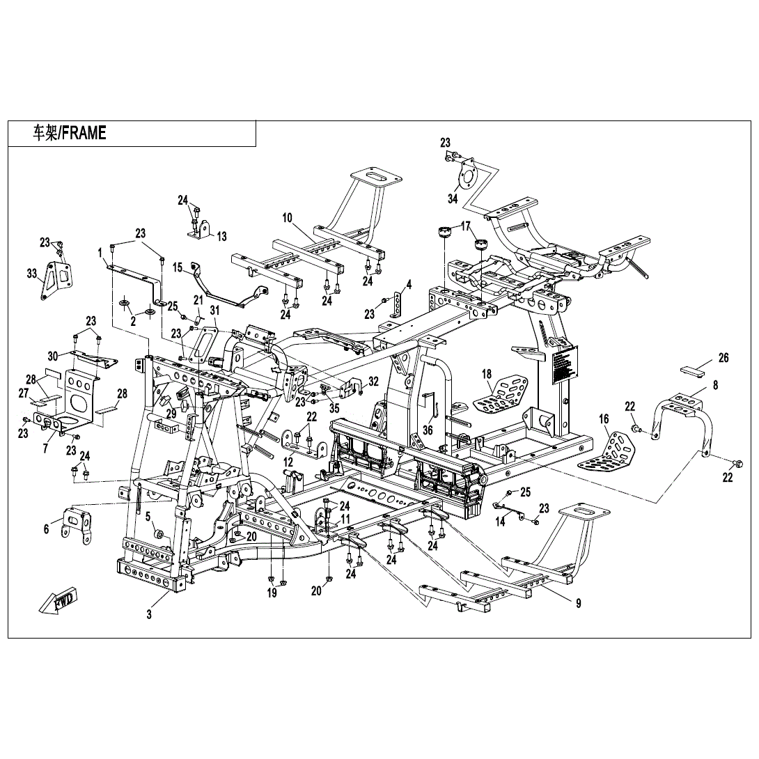 An Image of a genuine CFMOTO Parts Schematic Diagram showing the group - FRAME - 2023 CFMOTO CFORCE 1000