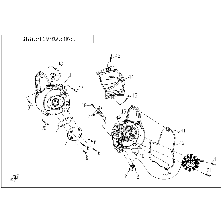 An Image of a genuine CFMOTO Parts Schematic Diagram showing the group - LEFT CRANKCASE COVER - 2023 CFMOTO CFORCE 110