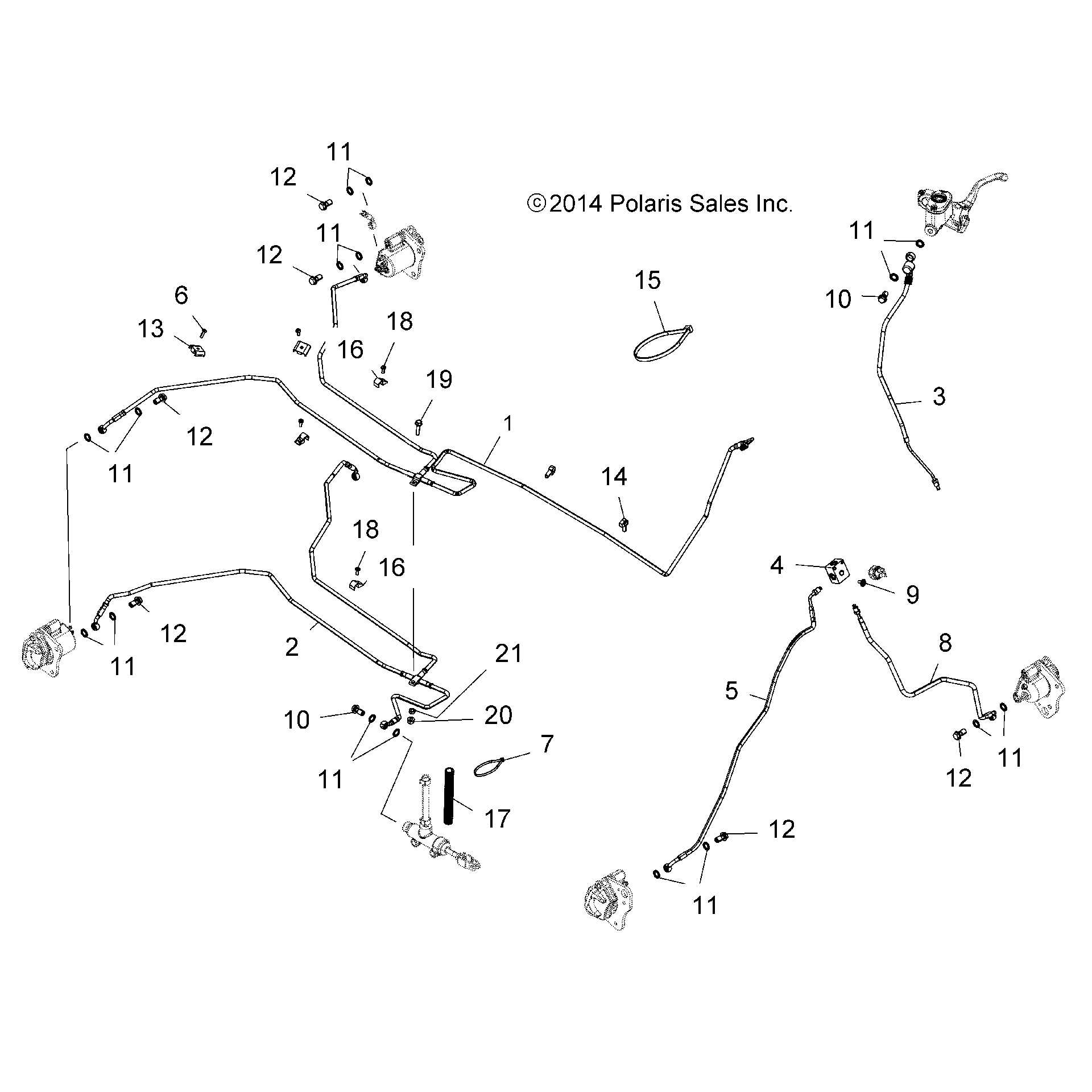 An Image of a Genuine Polaris Parts Schematic Diagram showing the schematic - BRAKES: BRAKE LINES - 2016 POLARIS SPORTSMAN 570 EFI X2 EPS