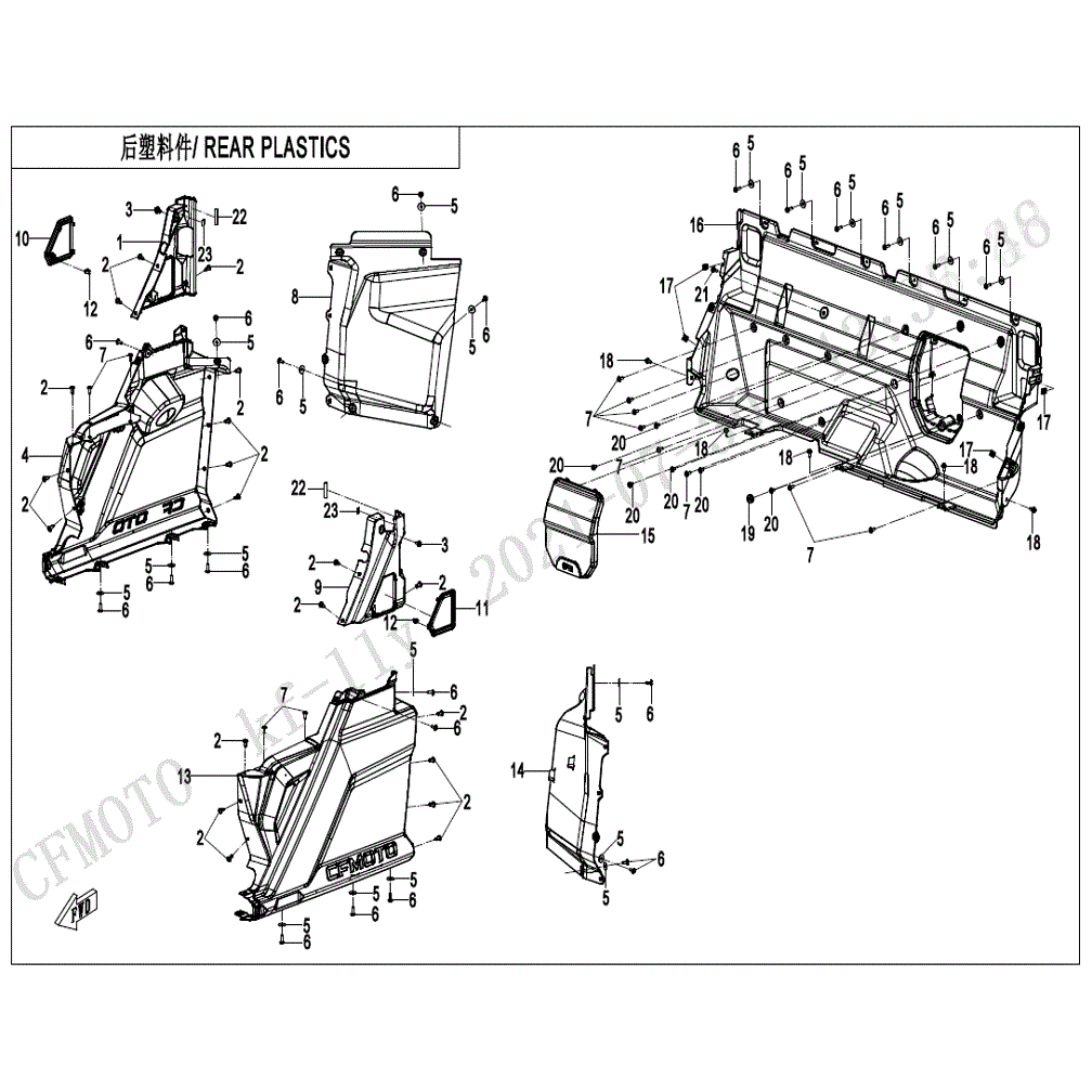 An Image of a Genuine CFMOTO Parts Schematic Diagram showing the schematic - REAR PLASTICS(2) - 2022 CFMOTO UFORCE 600