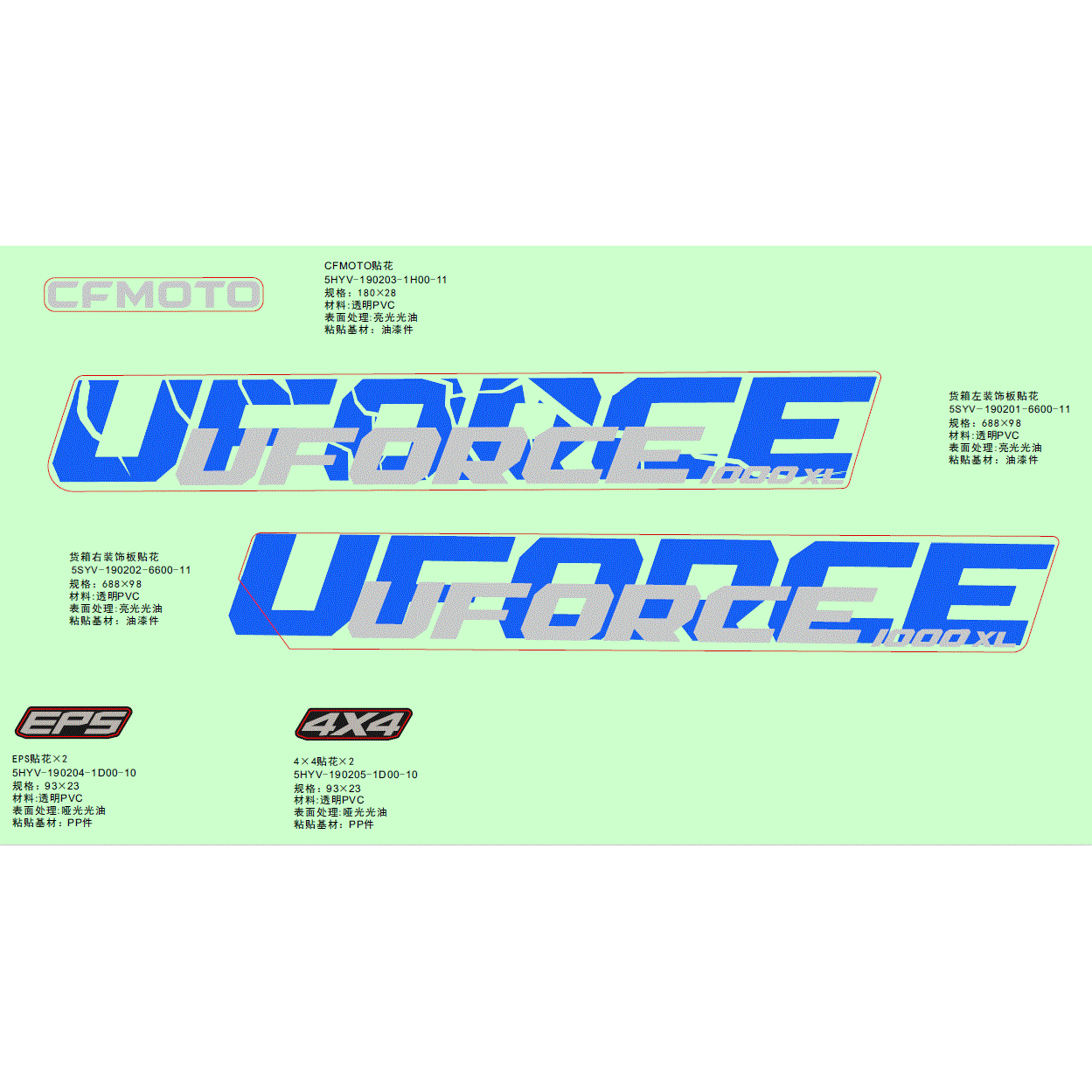 An Image of a Genuine CFMOTO Parts Schematic Diagram showing the schematic - DECAL KITS(TWILIGHT BLUE) - 2024 CFMOTO UFORCE 1000 XL