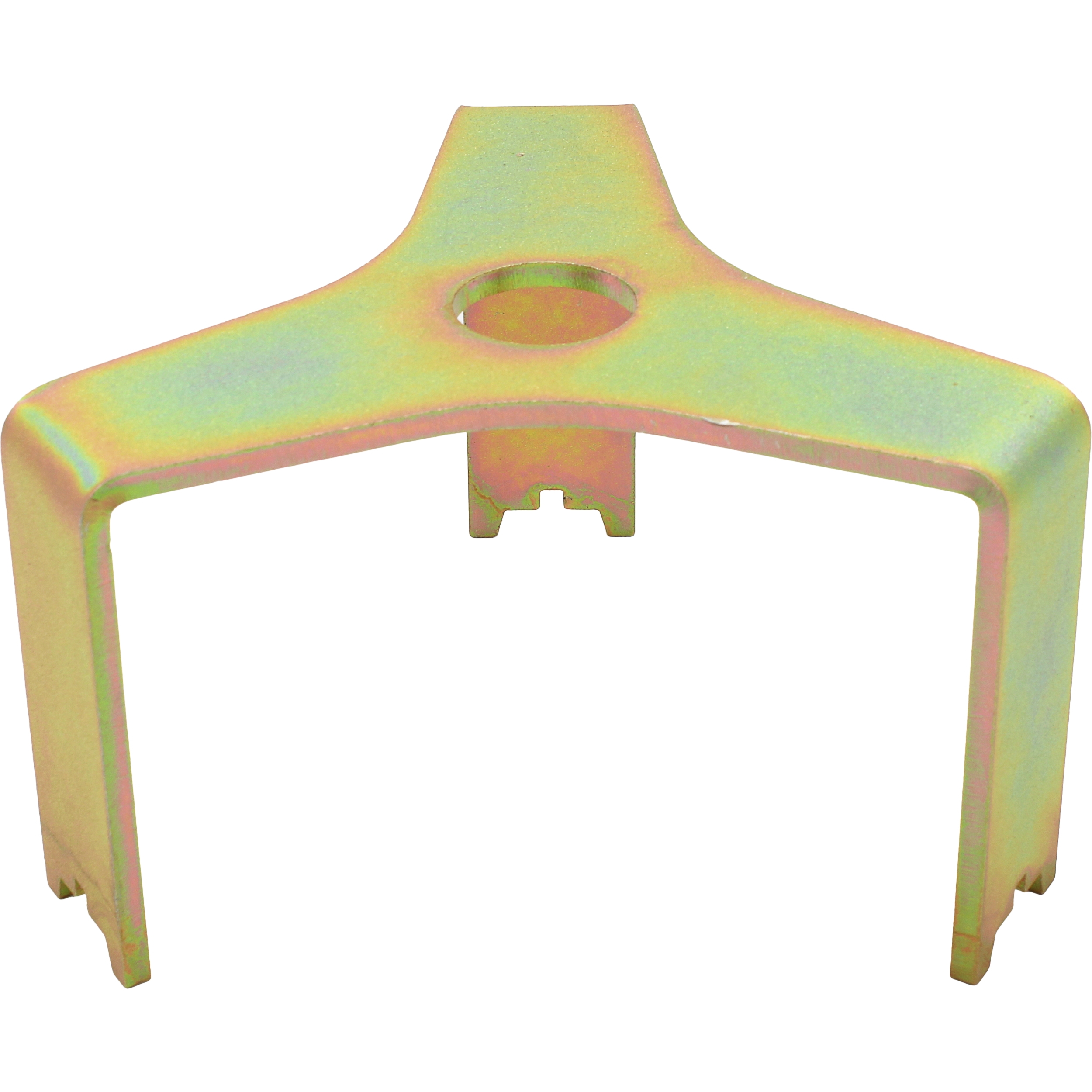 The Weight Change Tool by EPI is a metallic, three-legged clamp with a central circular hole on top and an iridescent finish; its legs extend downward and bend at right angles for secure clutch handling.